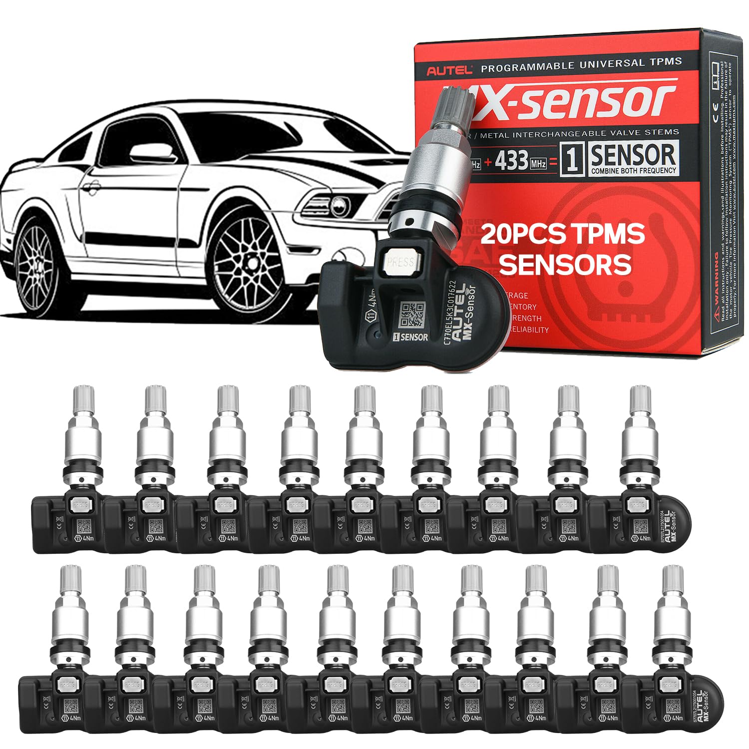 Autel MaxiTPMS MX Sensor Paquete 20 unidades con probador batería 433 MHz Sensor neumático TPMS doble frecuencia con vástago válvula metal para trabajo a presión con TS408 TS508 TS608 MS906TS ITS600