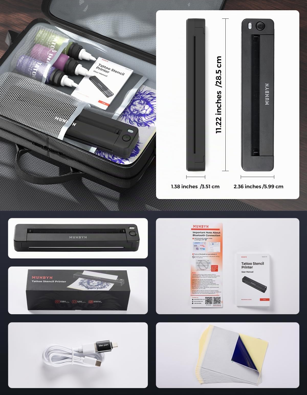 MUNBYN 2026 Nuevo Termocopiadora Tattoo 300DPI, Impresora Termica Tatuajes Bluetooth para Principiantes y Artistas, Compatible con Teléfono Tablet PC, con 20 Piezas de Papel de Transferencia