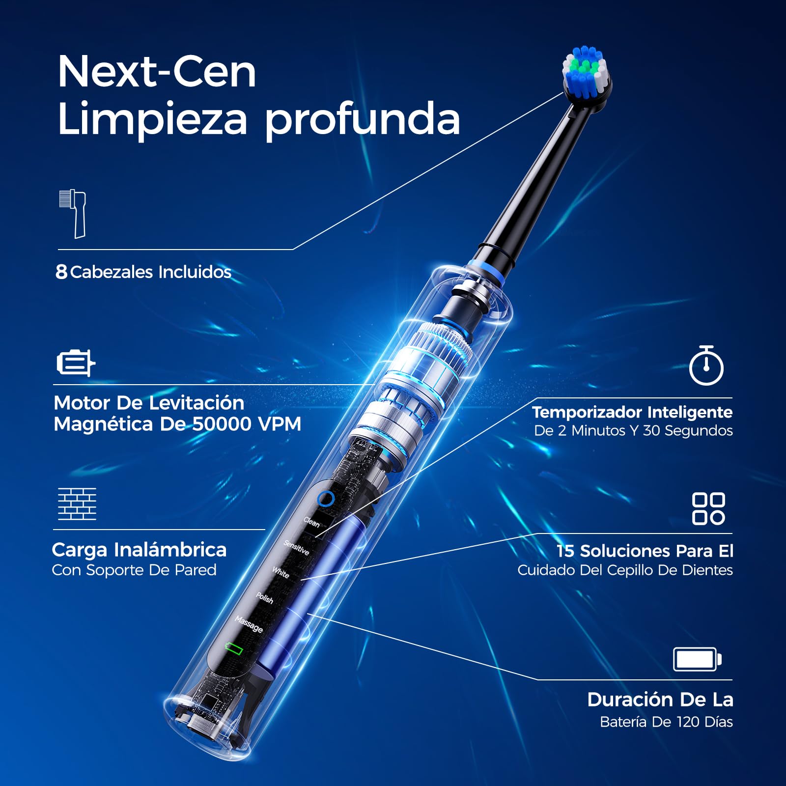 Cepillo de dientes eléctrico rotatorio 2 unidades Negro + Blanco para adultos y niños, 3 intensidades y 5 modos, cepillo dientes electrico con 12 cabezales, 2 estuches de viaje, batería de 120 días