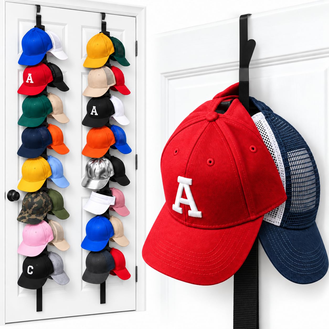 Over the Door Cap Rack Organizer 2 Pack Holds Up to 32 Baseball Hats