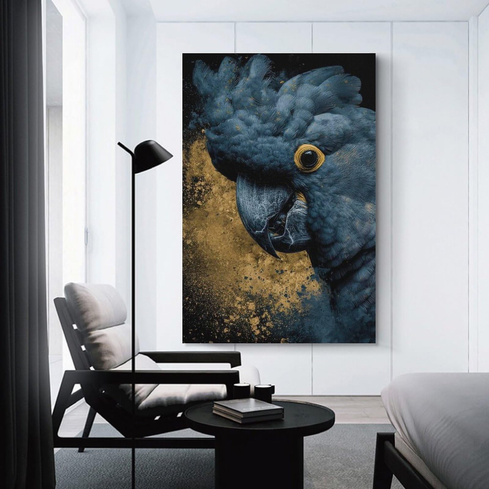 Decorative Canvas Print Close-up of A Blue Cockatoo with Gold Splatter, 24x36inch(60x90cm), for Home Office, Desk Area Or Studio, Home Office Artwork with Decorative Appeal