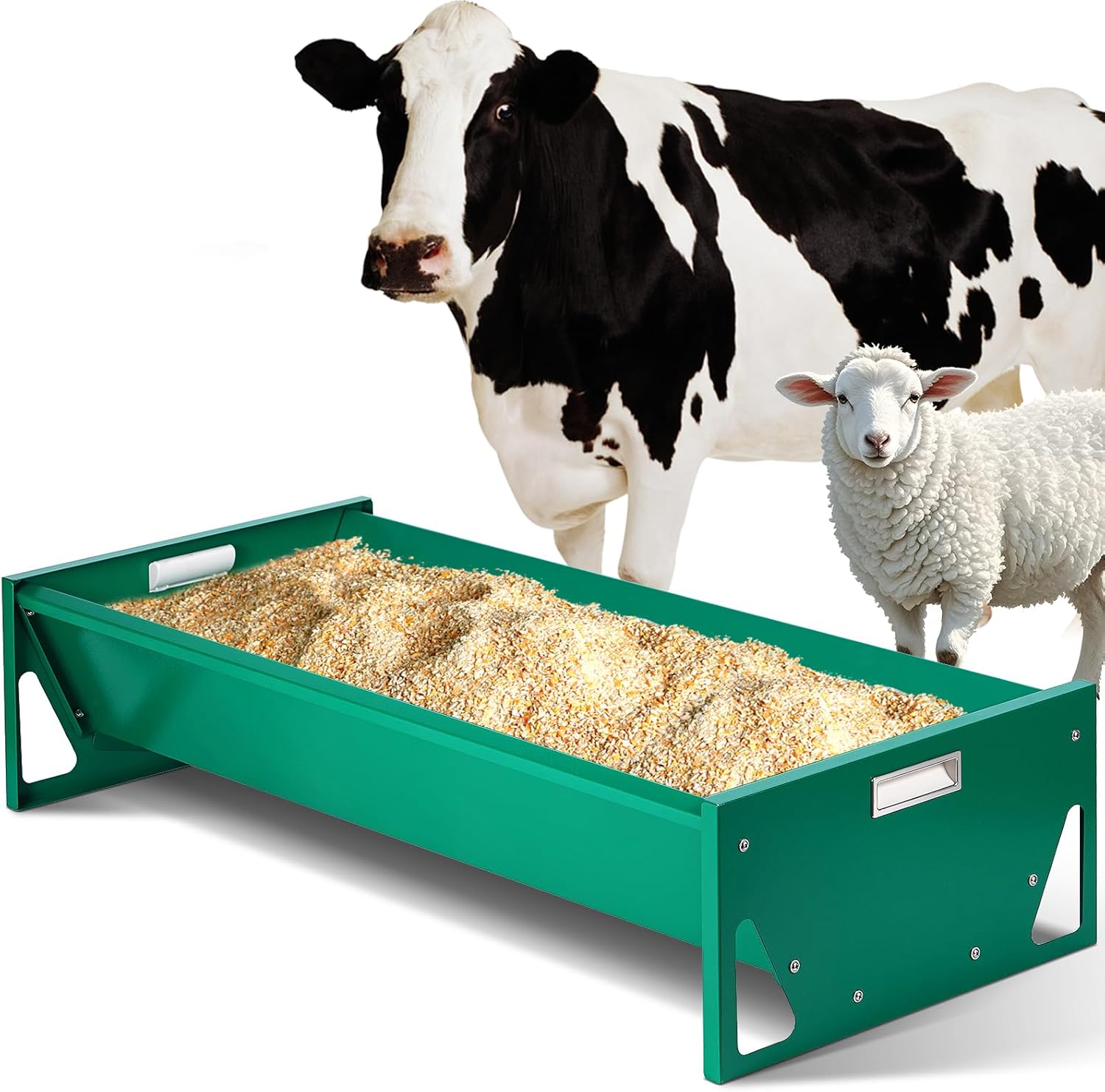 Goat Feeder, 39.4 Inch Deer Feeder Galvanized Steel Livestock Feeding Trough Heavy-Duty Large Capacity Portable Livestock Feeder for Farms Alpacas Goats, Calves, Sheep, Horses Deer (Dark Green)