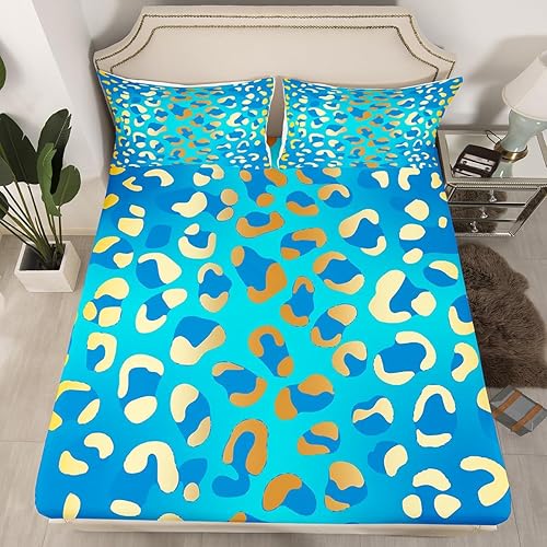Sábanas de cama con estampado de leopardo dorado, sábana bajera ajustable de guepardo, tamaño matrimonial, sábanas con estampado de animales de