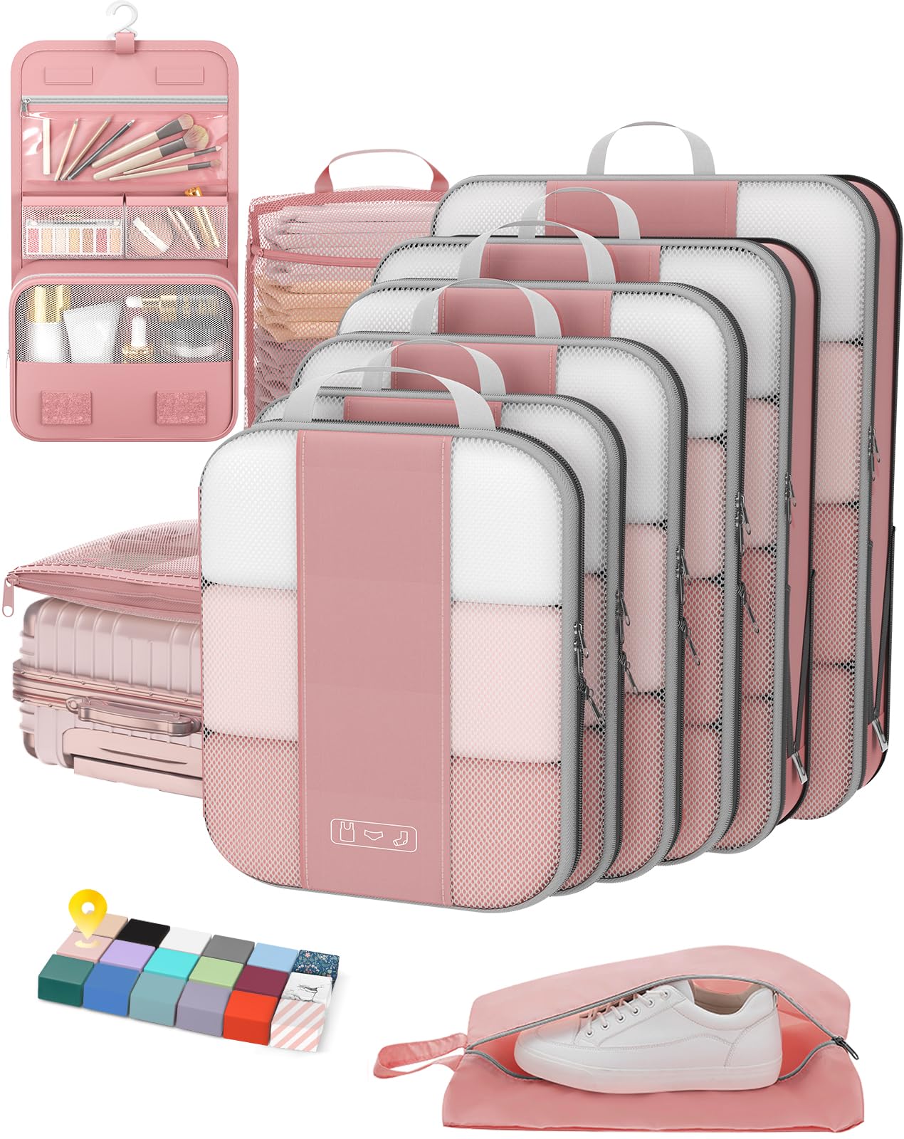 Photo 1 of 10 Set Compression Packing Cubes for Travel Essentials,Compressible Expandable Packing Cubes for Suitcase,OlarHike Luggage Organizer Bags for Travel,Handy Helper for Organizing Clothes(Light Coral)