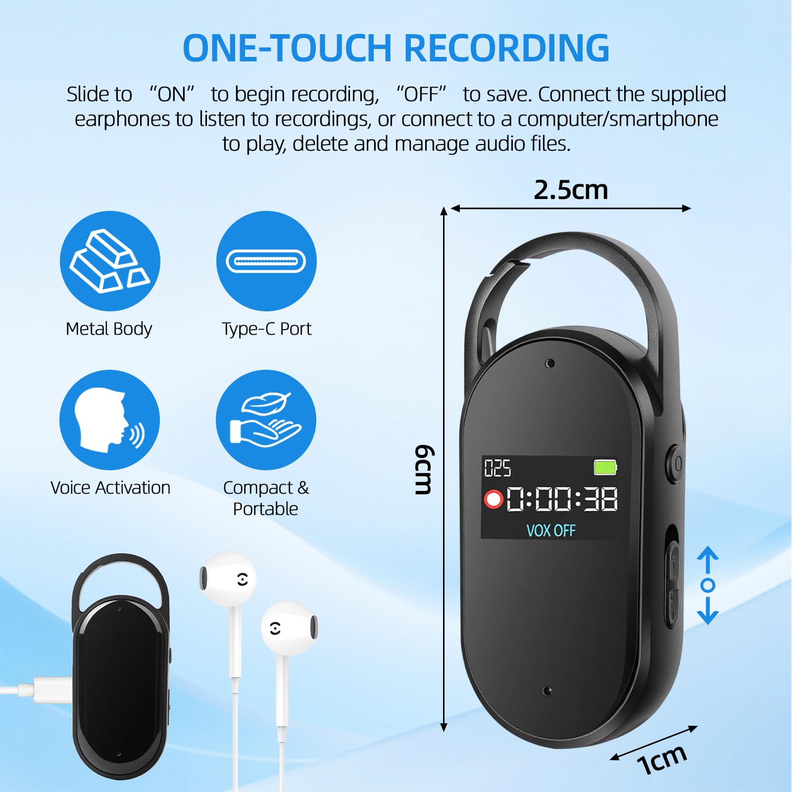 64GB Grabadora de Voz - Portátil Mini Grabador de Audio Digital Profesional con Activación por Voz y MP3, Diseño en Llavero, AGC Reducción de Ruido, Clases, Reuniones, S29 (Black)