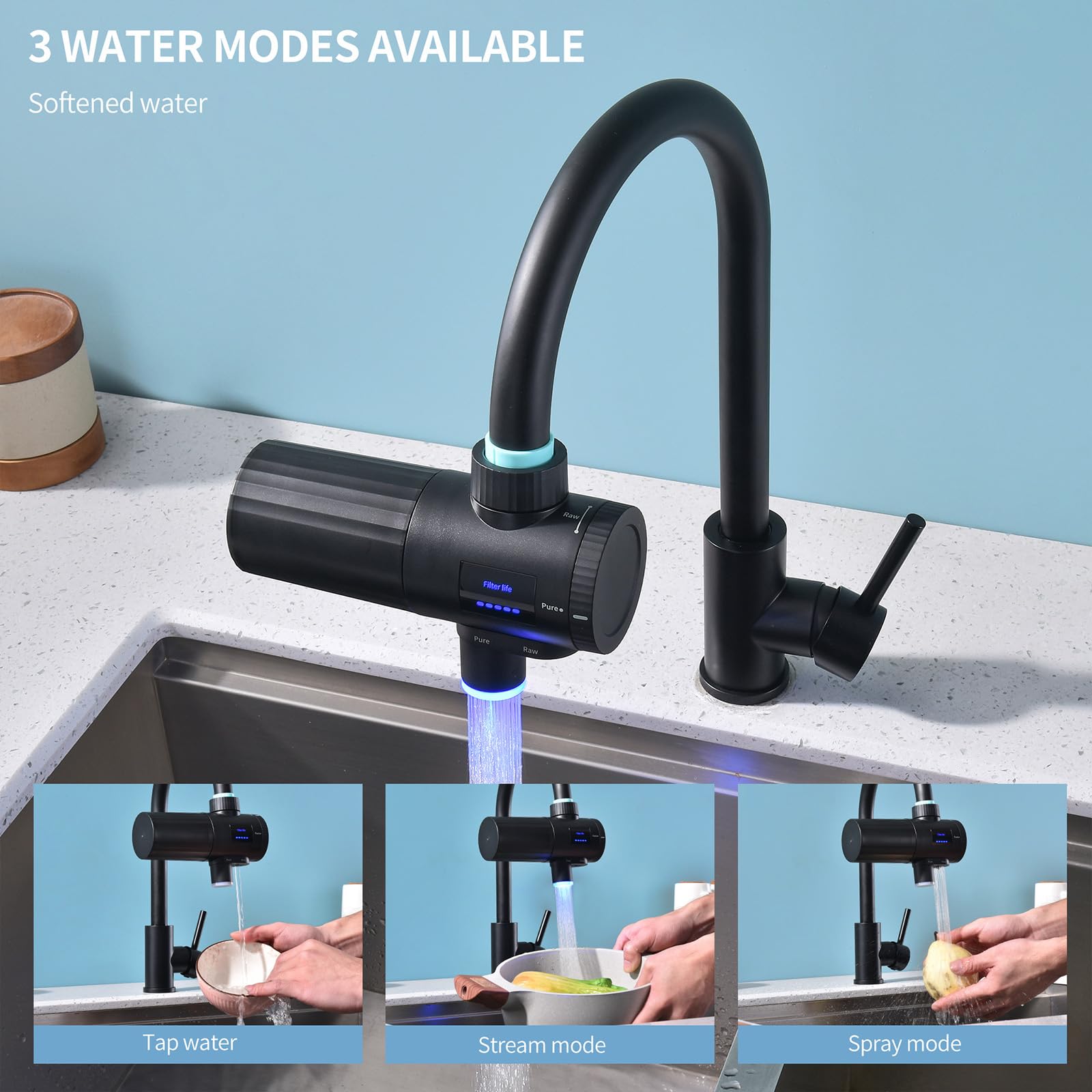 HOMELODY Grifo de filtro de agua 3.0 con indicador LED, 5 filtros incluidos y filtro de agua potable para cocina, elimina cloro, metales pesados y cal, mejora el sabor, 12 adaptadores