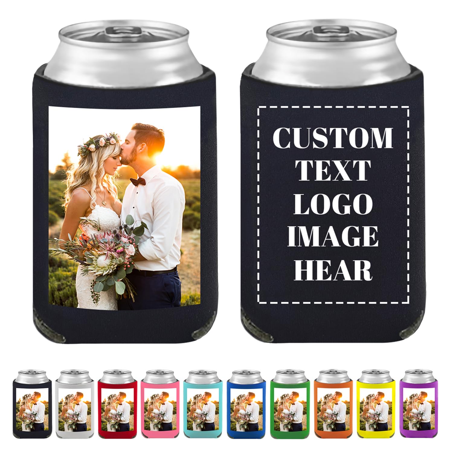 100 Pcs Custom Can Coolers Bulk Personalized Bottle Covers for Soda and Beer with Logo Photo Text for Wedding Favors, Birthday Graduation Party, Bar,