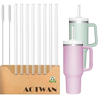 AOTWAN Glass Straw for Stanley Cup Pack of 10 Glass Straws Long 31 cm 8 Straight Glass Straws with 2 Cleaning Brushes for Stanley Cup 30 oz/40 oz