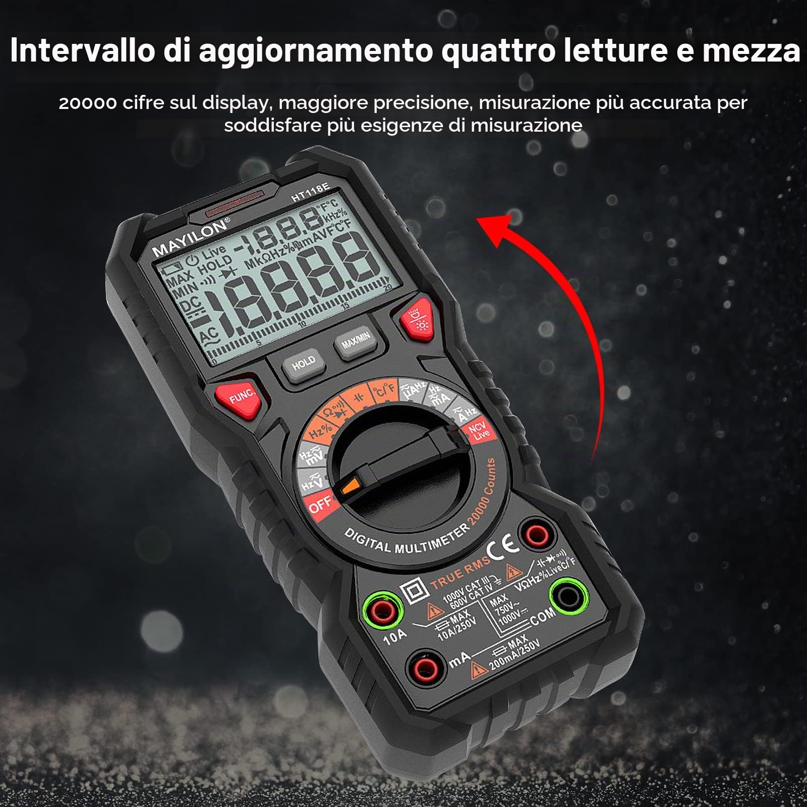 HT118E 20000 Conta Multimetro Digitale, Voltmetro Amperometro TRMS con NCV e Rilevamento di LIVE, Misura AC/DC Tensione e Corrente, Temperatura, Capacità, Resistenza, Diodi, Continuità, Frequenza