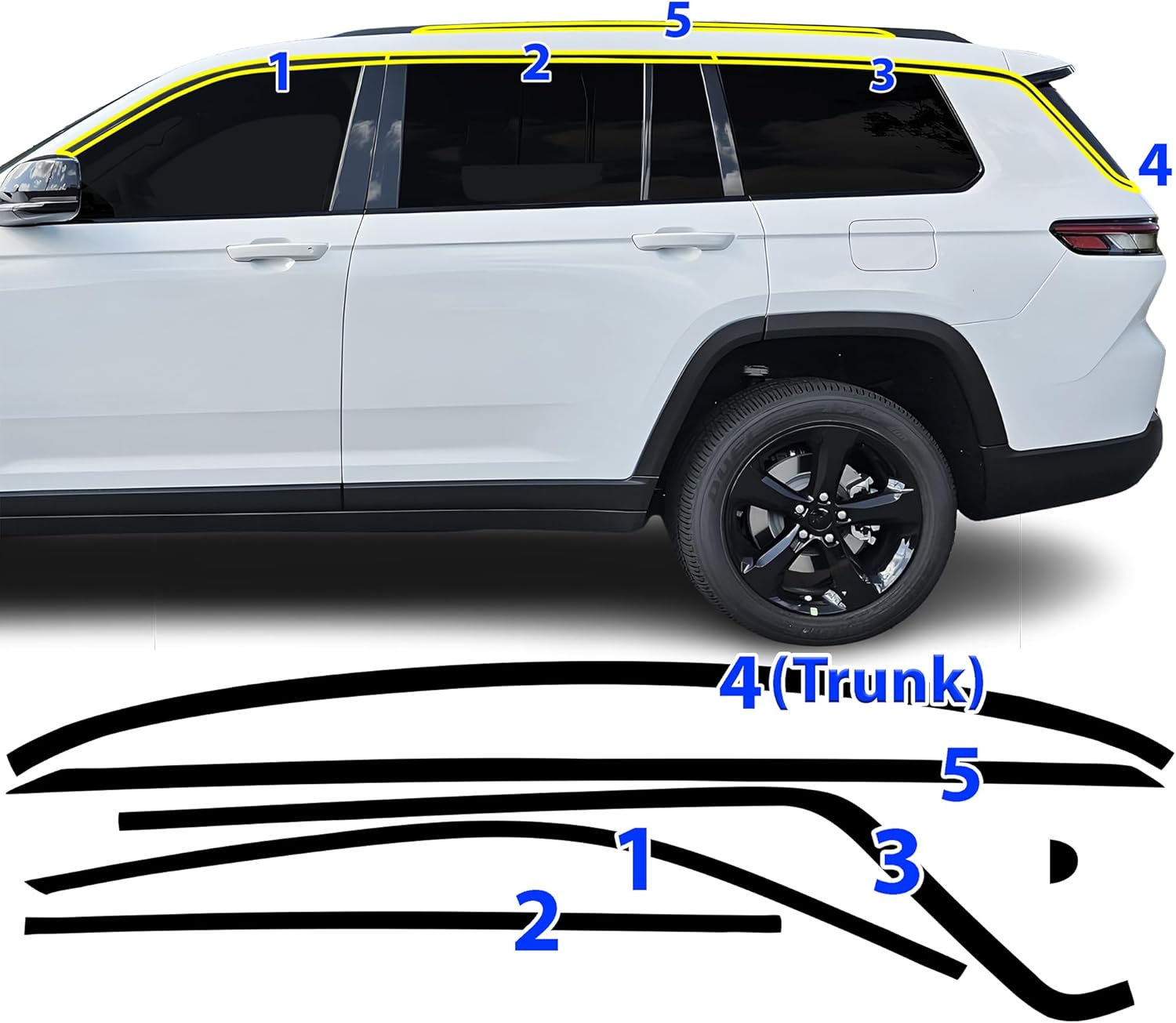 BOGAR TECH DESIGNS Sides and Rear Chrome Delete Sticker Decal Vinyl Film Compatible with Jeep Grand Cherokee L 2021-2026, Gloss Black