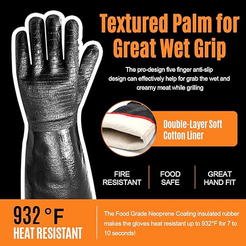 Vista 3 de Guantes de barbacoa resistentes al calor extremo 932°F, guantes impermeables para horno y freidora, guantes de neopreno resistentes al aceite