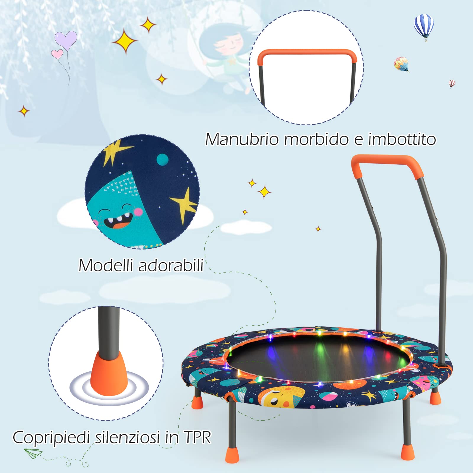 COSTWAY Trampolino per Bambini da Interno ed Esterno, Tappeto Elasctico Bambini 3-6 Anni in Acciaio con Maniglia Rimovibile, Luci LED, Cuscinetti Antiscivolo e Copertura Protettiva