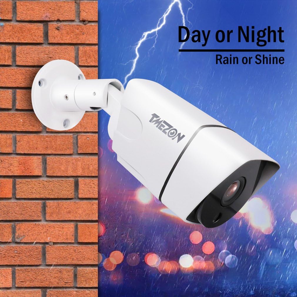 TMEZON camera mounted outdoors during a stormy day, illustrating its weatherproof capability.