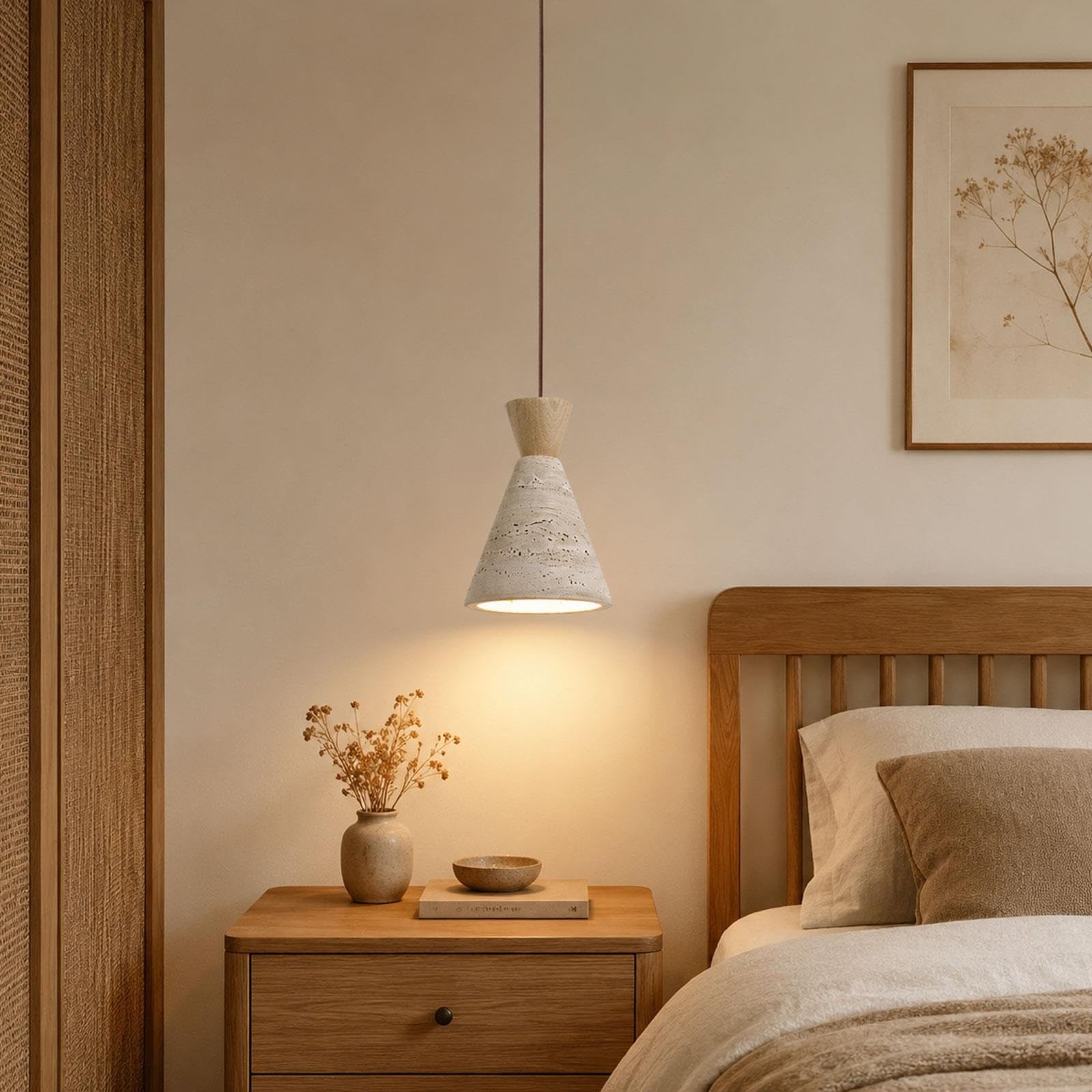 Stożkowa lampa wisząca z trawertynu, kamienny spot nocny