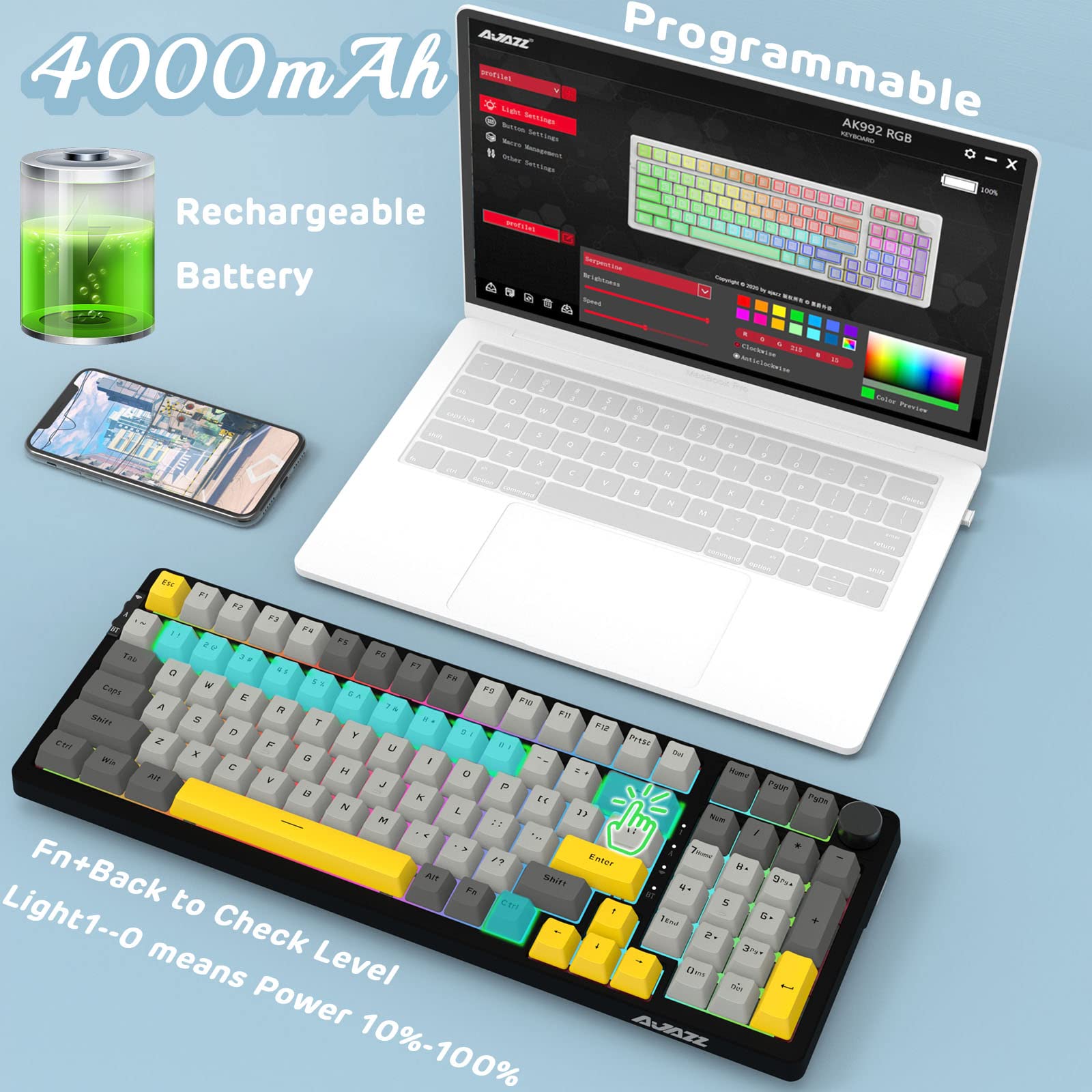 A.JAZZ AK992 GASKET Tastiera Meccanica Hotswap & Poggiapolsi Ergonomico & Cavo USB C A Spirale, 4000mAh 2.4Ghz/BT5.0/USB-C, Tastiera Gaming RGB con Manopola del Volume (Interruttore Marrone)-Grigio