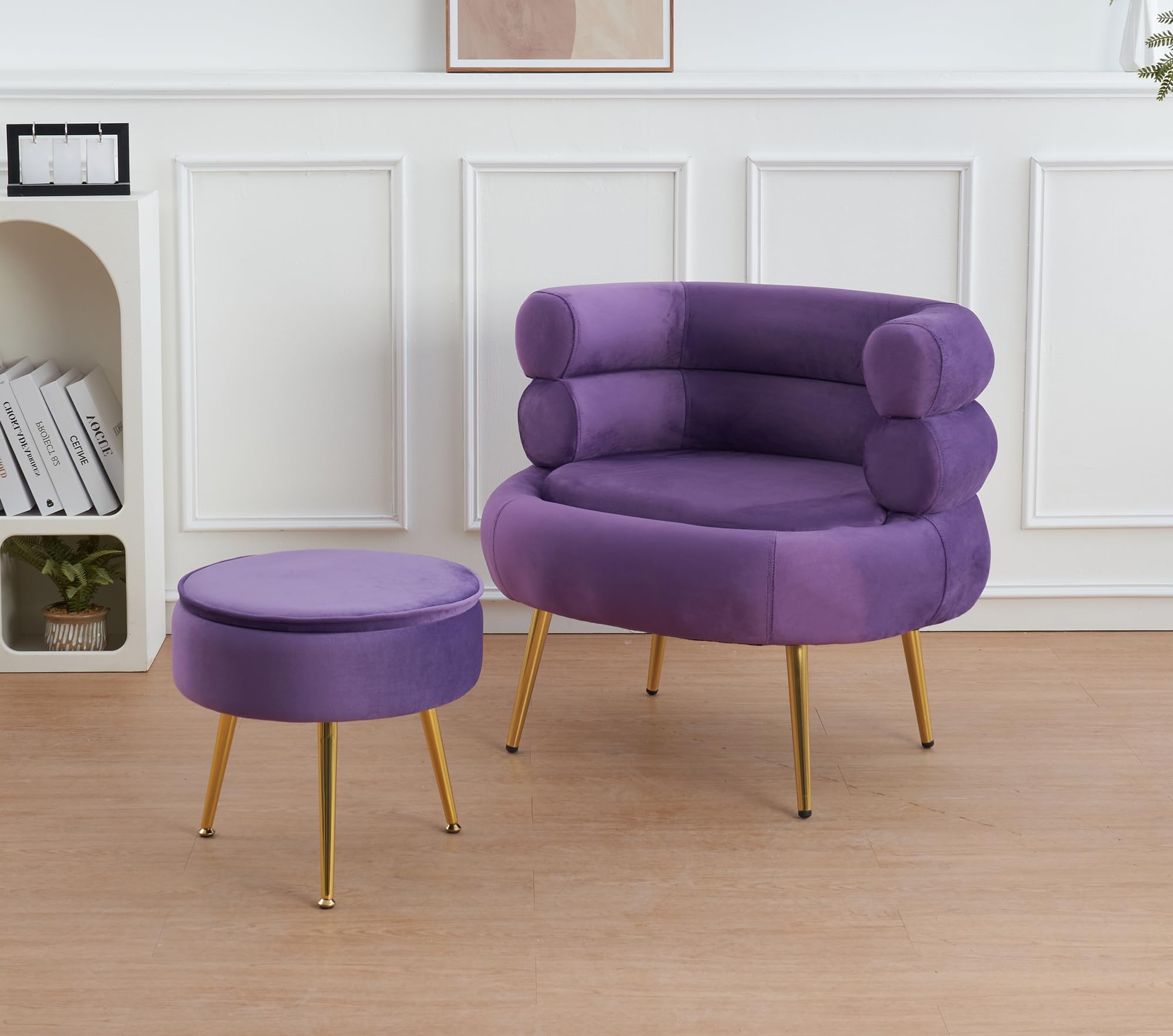 IlGruppone Poltrona Camera da Letto e Salotto in Velluto con Poggiapiedi Contenitore - Poltroncina Relax Moderna con Gambe in Metallo Placcato Oro - Design Moderno - Viola