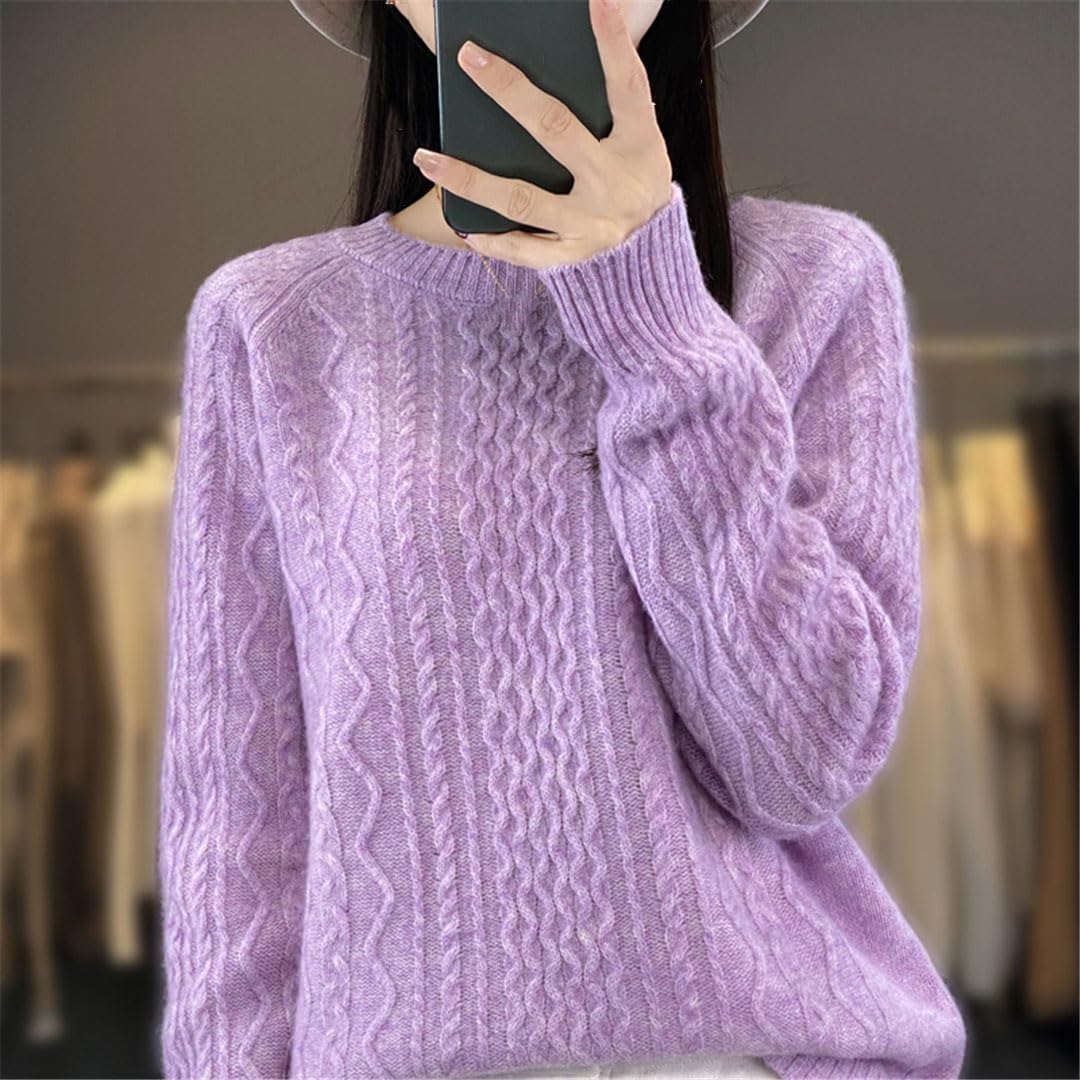 Damen Strickpullover aus Wolle, Rundhalsausschnitt, einfarbig, gedrehte Streifen