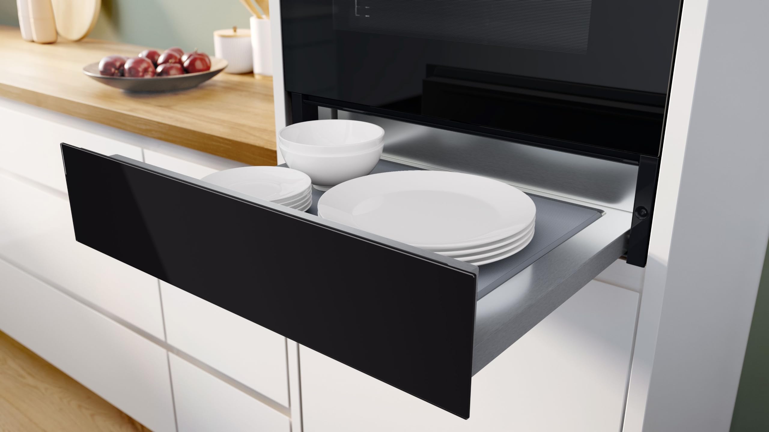 Bosch BIE7101B1, Serie 8 Zubehörschublade, 60 cm Breit, 14 cm Hoch, Schwarz, Griffloses Öffnen dank Push Pull, Platz für 64 Espresso-Tassen oder 12 Teller, Optimal unter Kompaktbackofen platzierbar