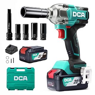 DCA Clé à chocs sans fil 20V Brushless, 682 Nm de couple max, enclume à anneau 13 mm, 2* batterie Li-ion 4000 mAh, 4 modes, lampe LED, design compact, fonction Smart Loosen ADPB520 - Amazon product rated Grade A
