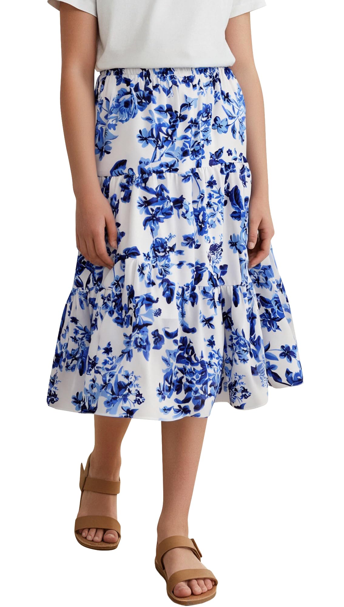 Happy Cherry - Jupe Longue Florale pour Fille Taille Élastique Filles Ados Enfants Midi Jupes Été en Trapèze Vintage Streetwear pour Vacances Plage École Quotidienne Mer Fêtes - 9-13 Ans
