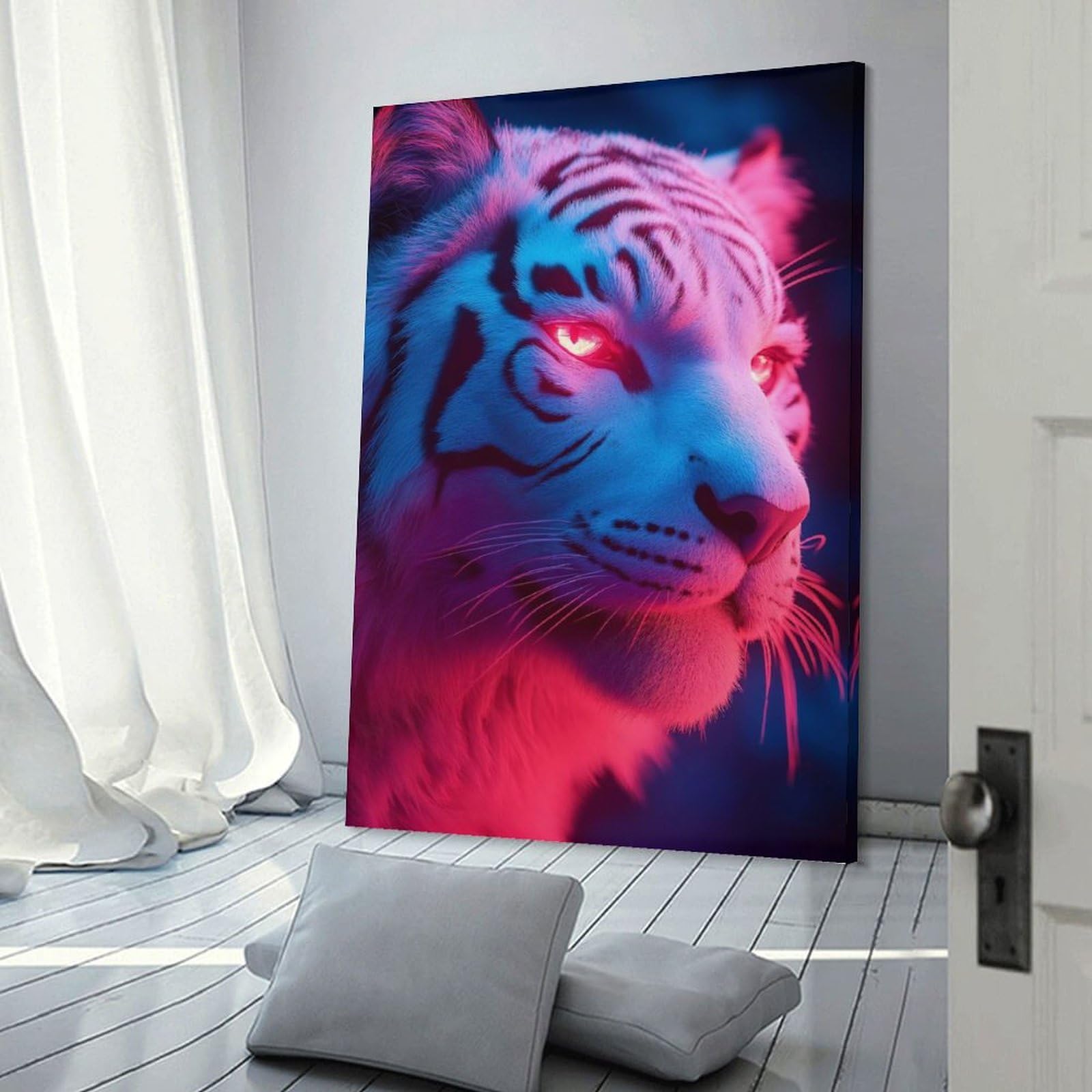 Junmoney Home Decor Wall Art Neon White Tiger Portrait, 08x12inch(20x30cm), for Gallery Wall Decor And Room Displays, An Easy Match for Collected Prints