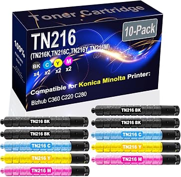 10-Pack 4BK+2C+2Y+2M Compatible High Yield TN216 TN-216 TN216K TN216C TN216Y TN216M Printer Toner Cartridge use for Konica Minolta Bizhub C360 C220 C280 Printers