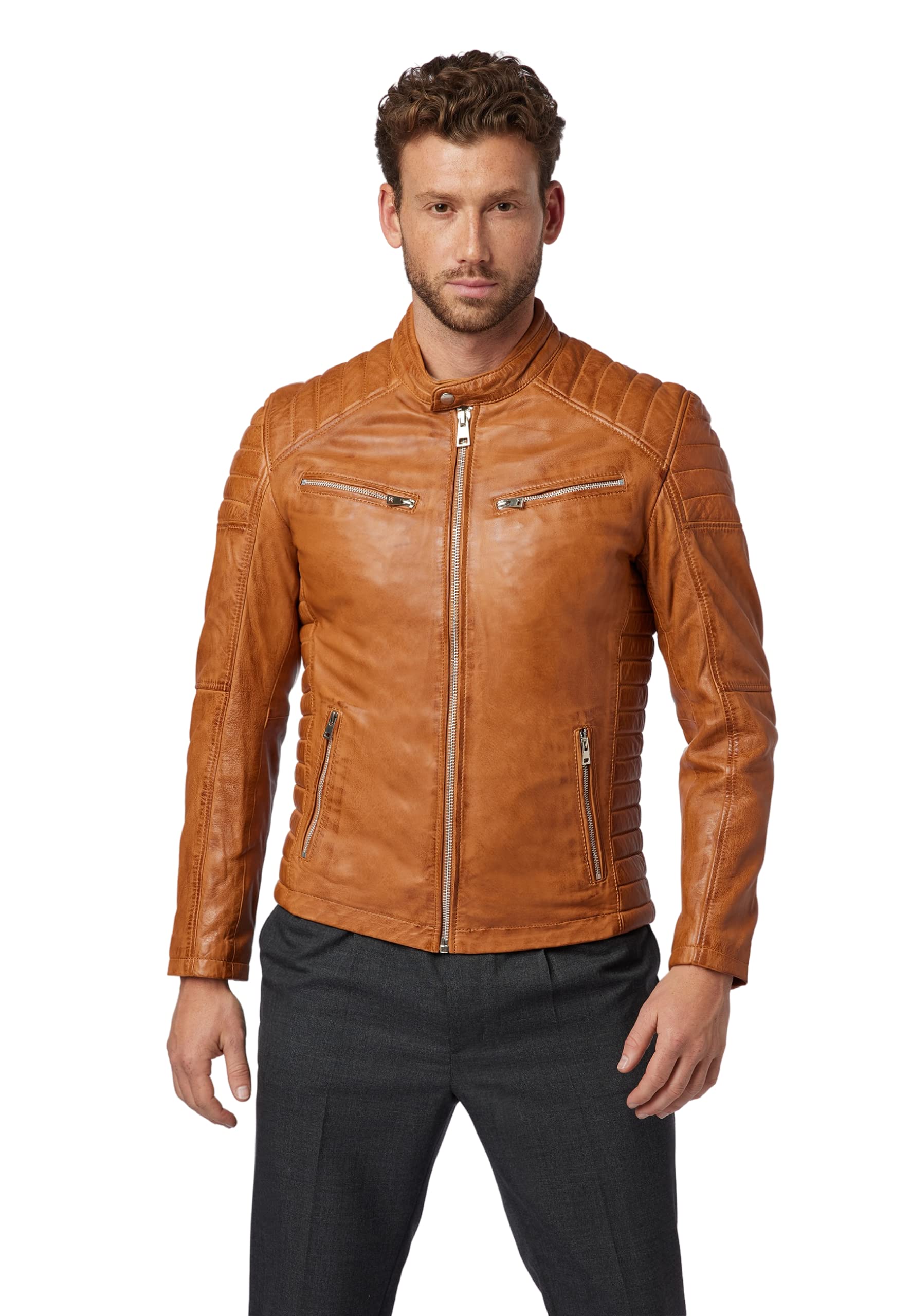 RICANO Herren Lederjacke Cooper – Slim Fit, echtes Lammleder, Cognac Braun (XL)