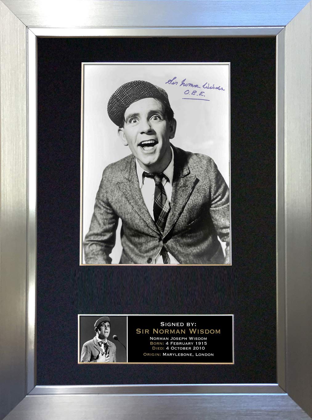 The Autograph Collector Gold,Silver,Black Norman Wisdom Signed Autograph Mounted Photo Reproduction Print A4 Rare (297 X 210Mm) #29 (Silver Frame)