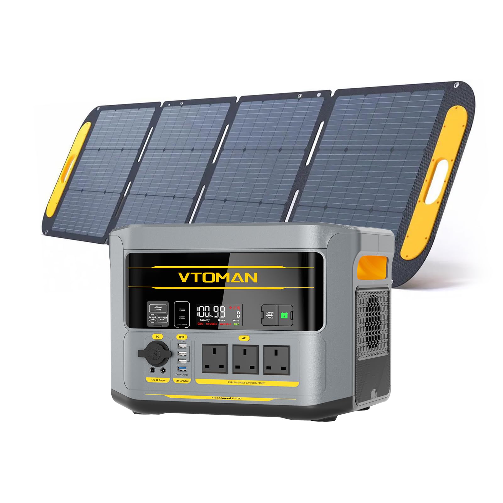 VTOMAN FlashSpeed 2400 Power Station with 200W Pro Solar Panel, 2400W/1408Wh LiFePO4 Battery, Expandable up to 2688Wh, 600W Solar Input, 1 Hr AC Fast Charge, Solar Generator for Outdoor Camping, Home