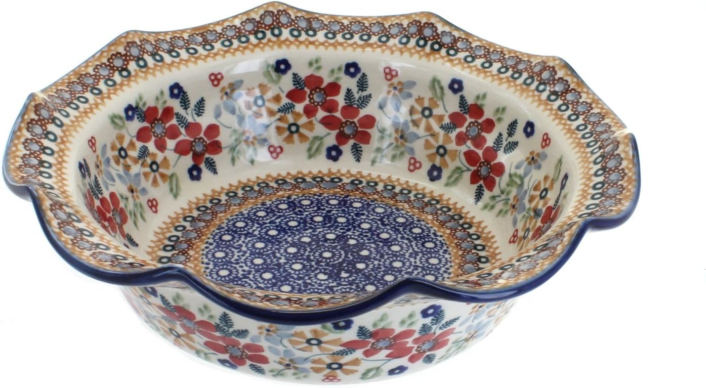 Blue Rose Polish Pottery Red Daisy Medium Scallop Serving Dish
