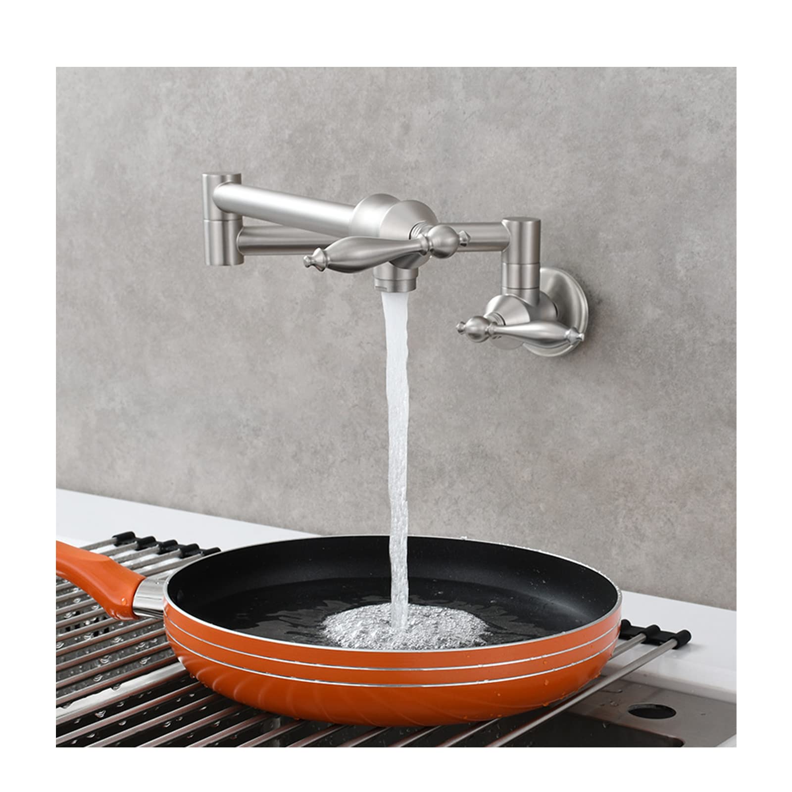 Widespread Pot Filler Faucet,Wall Mounted Commercial Kitchen Sink Brass Sink Pot Filler Folding Faucet,Double Joints Folding Stretchable Swing Arm Faucet with Single Hole & 2 Handles,(Brushed)