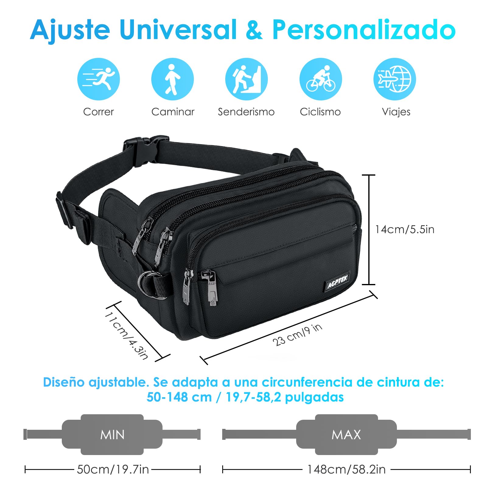 AGPTEK Riñonera Deportiva Hombre y Mujer con 5 Bolsillos, Riñonera Grande de Trabajo, Riñonera Antirrobo RFID con Cinturón Ajustable para Running, Viaje y Camping