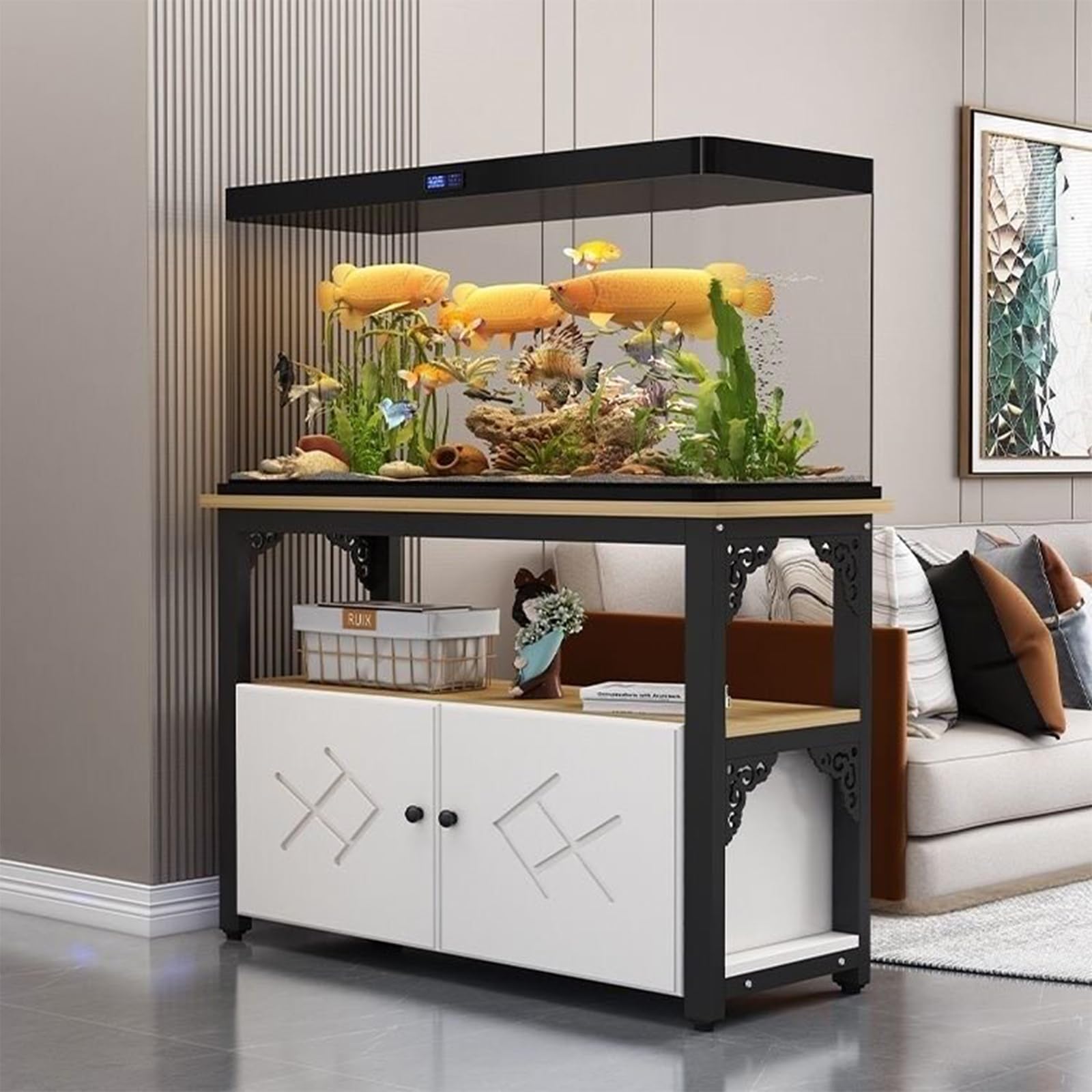 STARHMLUX 20 Gallon Fish Tank Stand, Reptile Turtle Tank Stand for Home Office, Aquarium Stand with Cabinet for Fish Tank Accessories Storage, 1000LBS Black Frame + Walnut 60x30x70cm