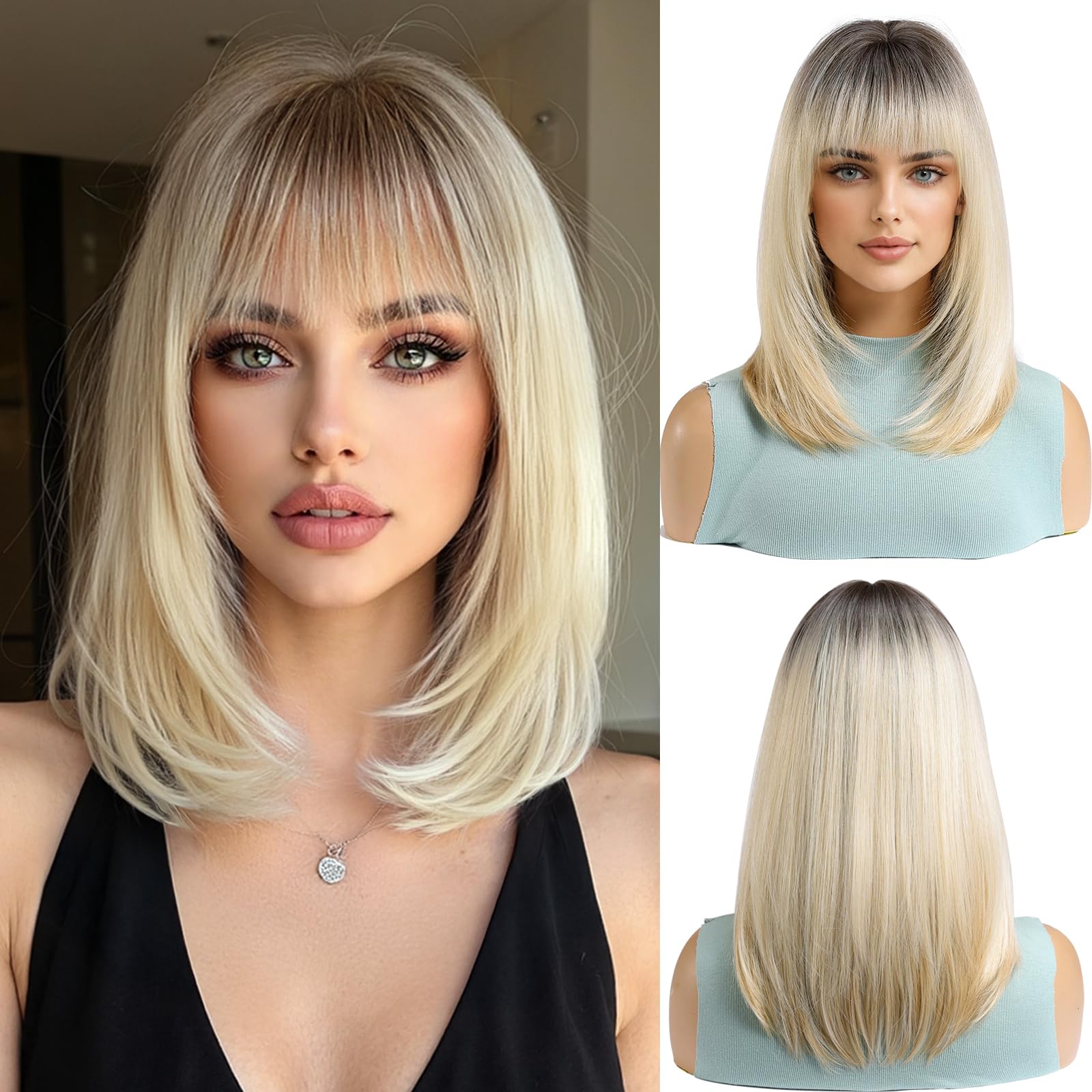OUFEI Ombre Blonde Bob Perücke mit Pony Kurze Gerade Perücke für Frauen Synthetisches Haar Perücken für Die Tägliche Party Cosplay tragen