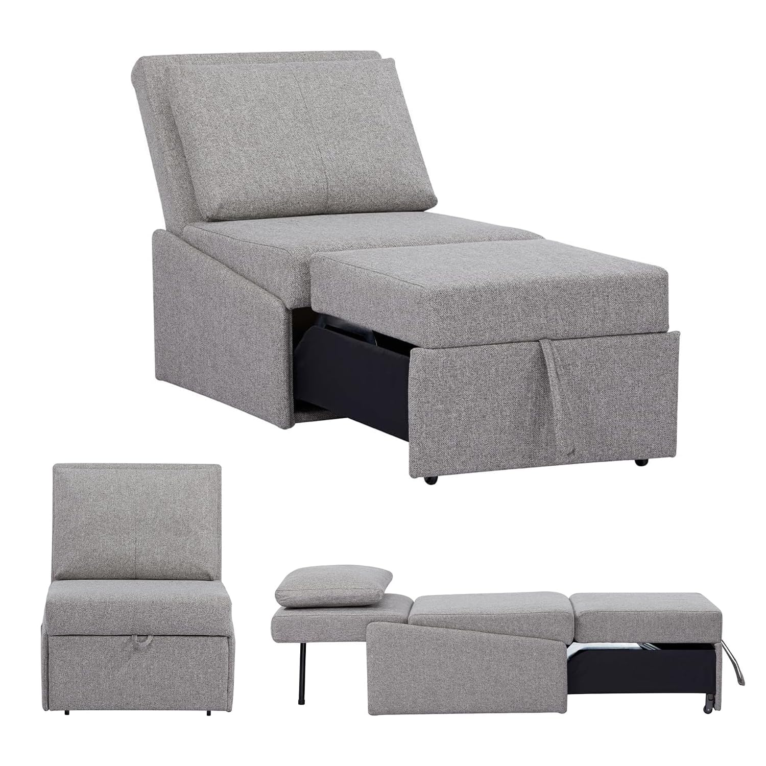 EVERGREENWEB - Poltrona Pouf Letto Singolo con Materasso e Cuscino INCLUSO, Prontoletto Salvaspazio Pieghevole, Pouf Poggiapiedi, Ottomano, Comodo Schienale Regolabile e Tasca Laterare | SOFY (Grigio)