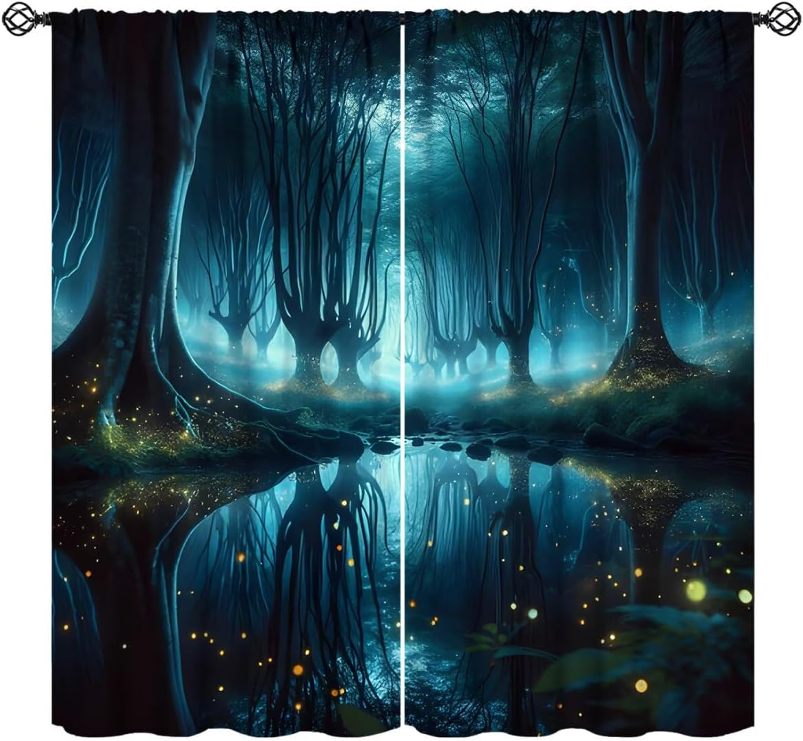 Fantasy Forest Blackout Curtains, Magical Mirror Stream Glowing Firefly Blue Twilight Woodland Window Drapes for Bedroom Living Room Home Deocr, 42" W X 45" L