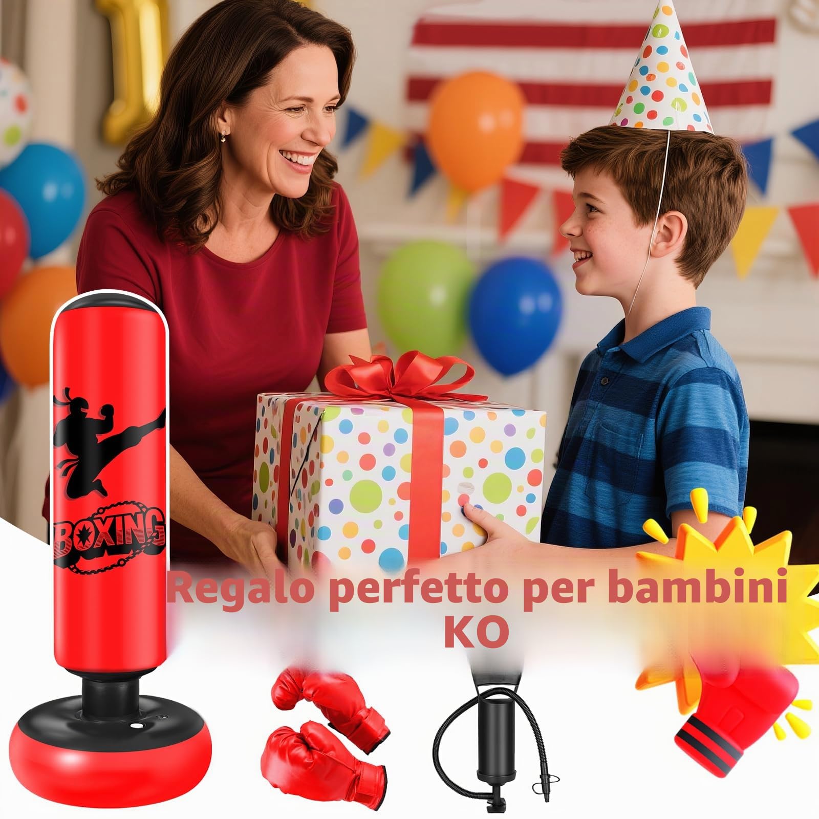 Qoosea Sacco da Boxe per Bambini 6-12 Anni, 160cm Stabile Sacco da Boxe Gonfiabile con Guanti da Boxe, Pratica di Taekwondo Karate Attrezzatura da Allenamento MMA, Regalo per Ragazzi Ragazze