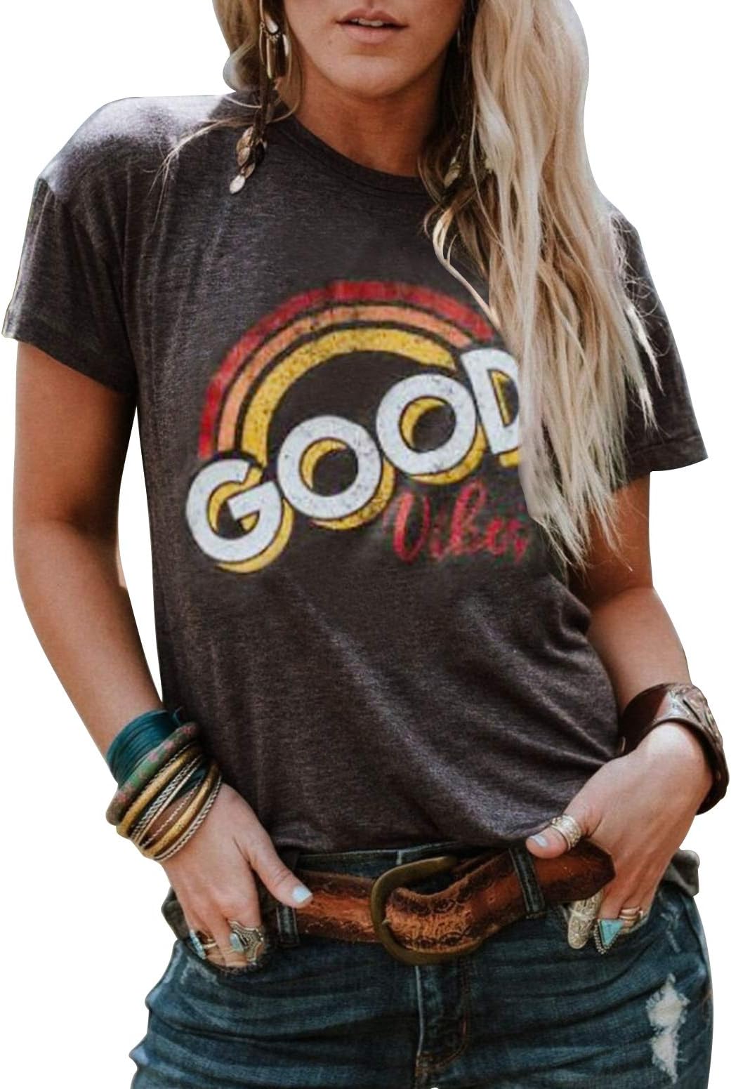 Good Vibe Rainbow T-Shirt Costume Women's Vintage Casual Graphic Blouse Top Tee