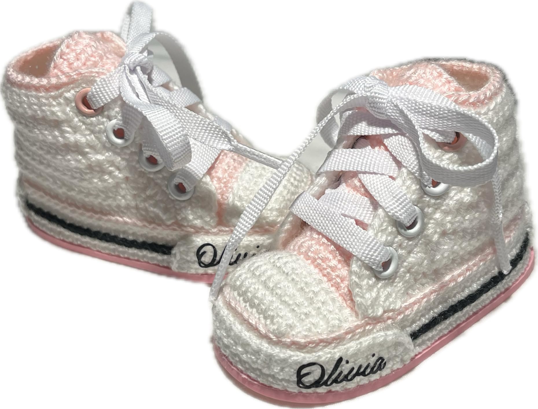 Scarpine Neonati all'Uncinetto, Sportive Alte con Linguetta Colorata, Bianco e Rosa, 0-12 Mesi, Personalizzazione Nome Gratuita