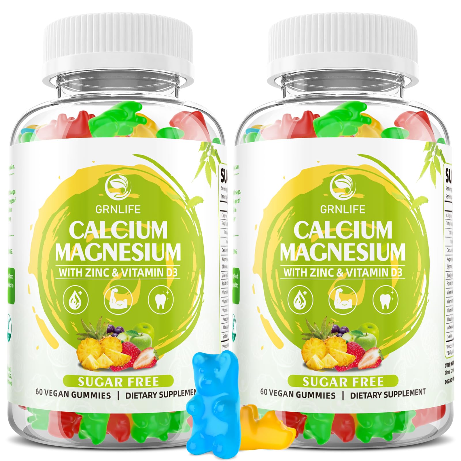 Calcium Magnesium Zinc Supplement with Vitamin D3, Sugar Free Calcium Gummies for Women Men, High Potency Magnesium Gummies for Bone & Muscle & Immune Health, Mixed Flavors - 120 Count Mixed Fruit 60 Count (Pack of 2)