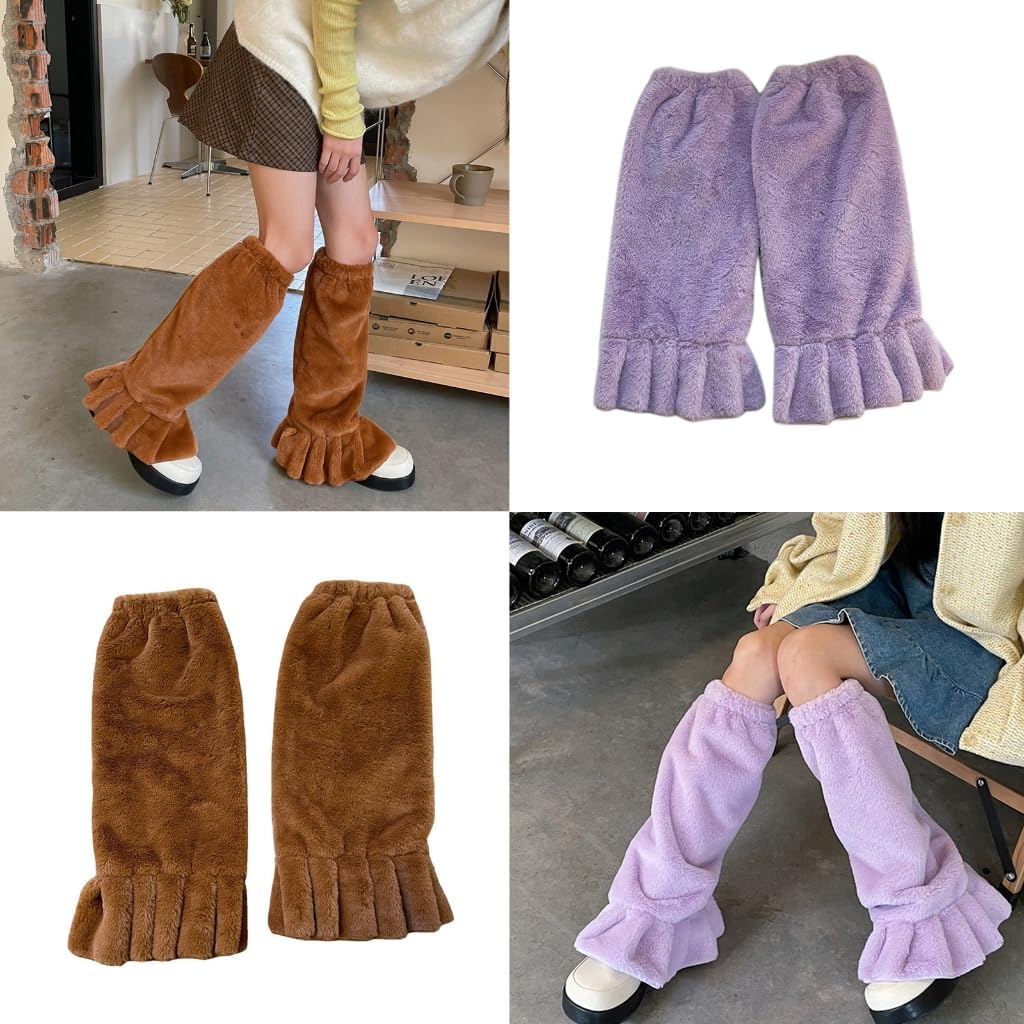 1 Pair Women Leg Warmers Solid Color Plush Japanese Ruffled Leg Socks Winter Foot Warmer Socks