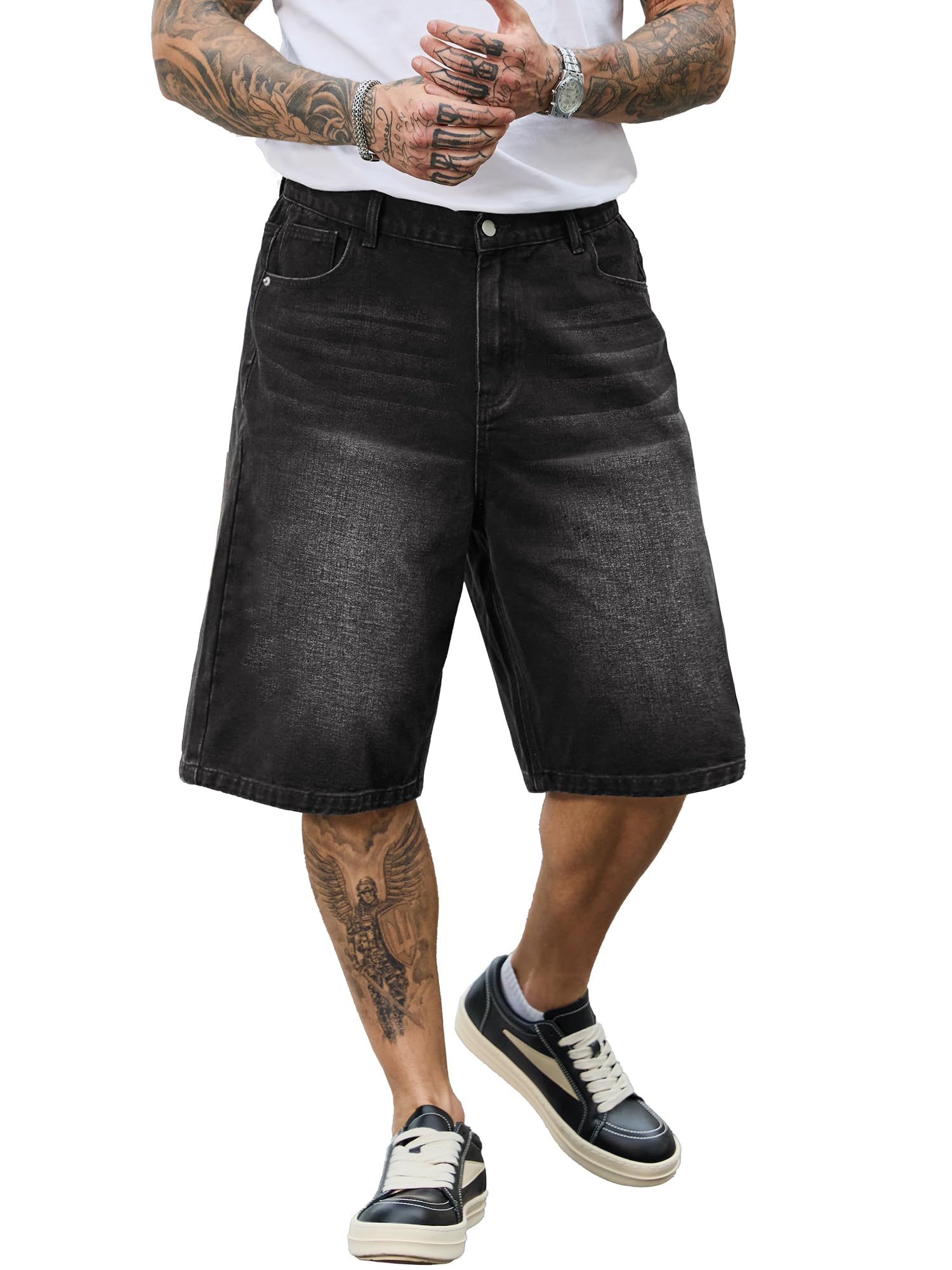 PLEPAN Men's Baggy Jeans Loose Fit Jorts Long Below Knee Denim Shorts