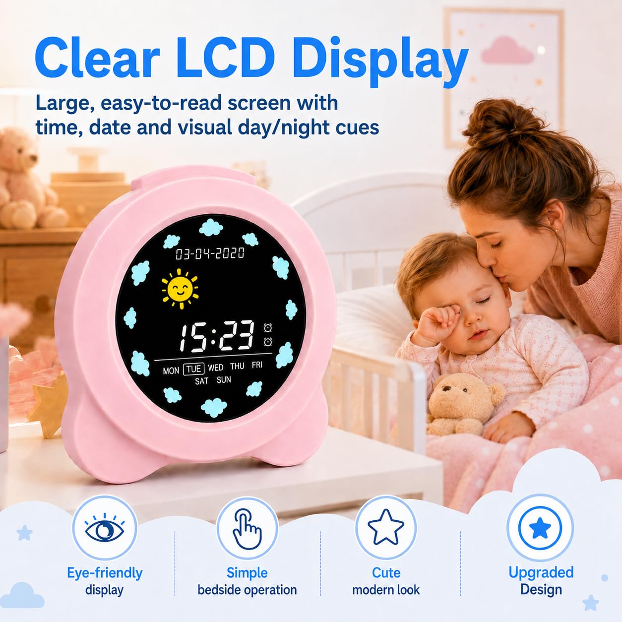 auvstar Sveglia Bambini,Sleep Trainer Clock,Sveglia Digitale per Bambini per l'allenamento del Sonno,Display 3.6 LCD con Modalità per Mattina e Notte, 6 Suoni di Allarme,Alimentato Tramite USB