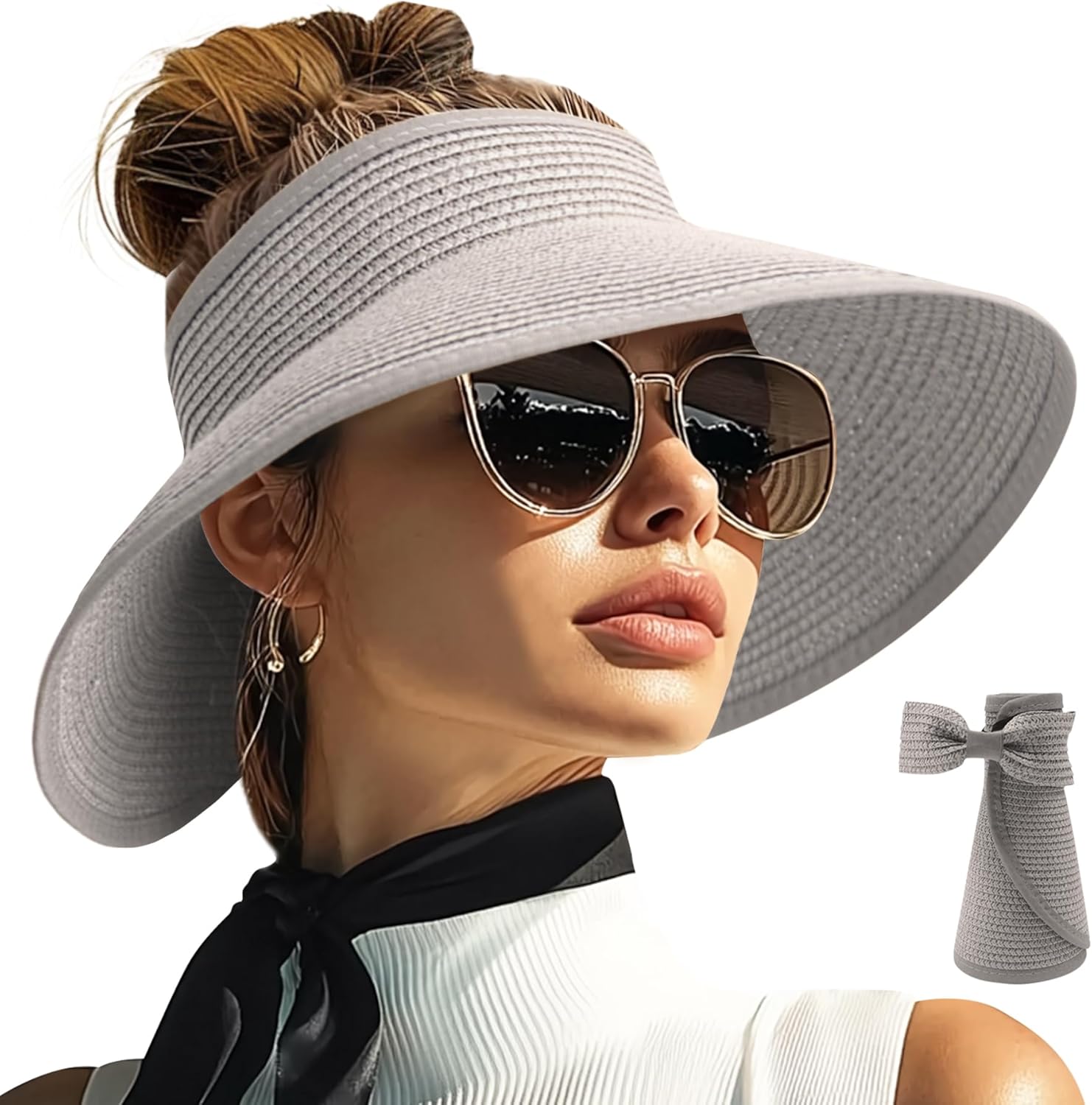 PFFY Sun Hats for Women Straw Beach Hat Packable Foldable Wide Brim Ponytail Travel Visor