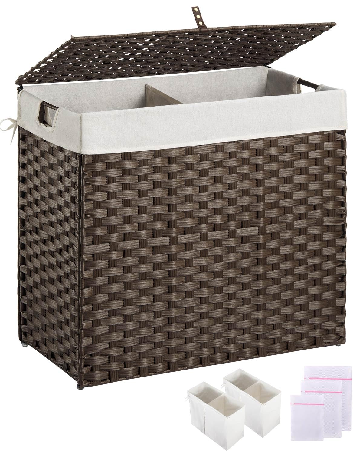 Greenstell Laundry Hamper with lid, No Install Needed, 130L Wicker Laundry Baskets Foldable 2 Removable Liner Bags, 2 Section Clothes Hamper Handwoven Rattan Laundry Basket with Handles, Brown