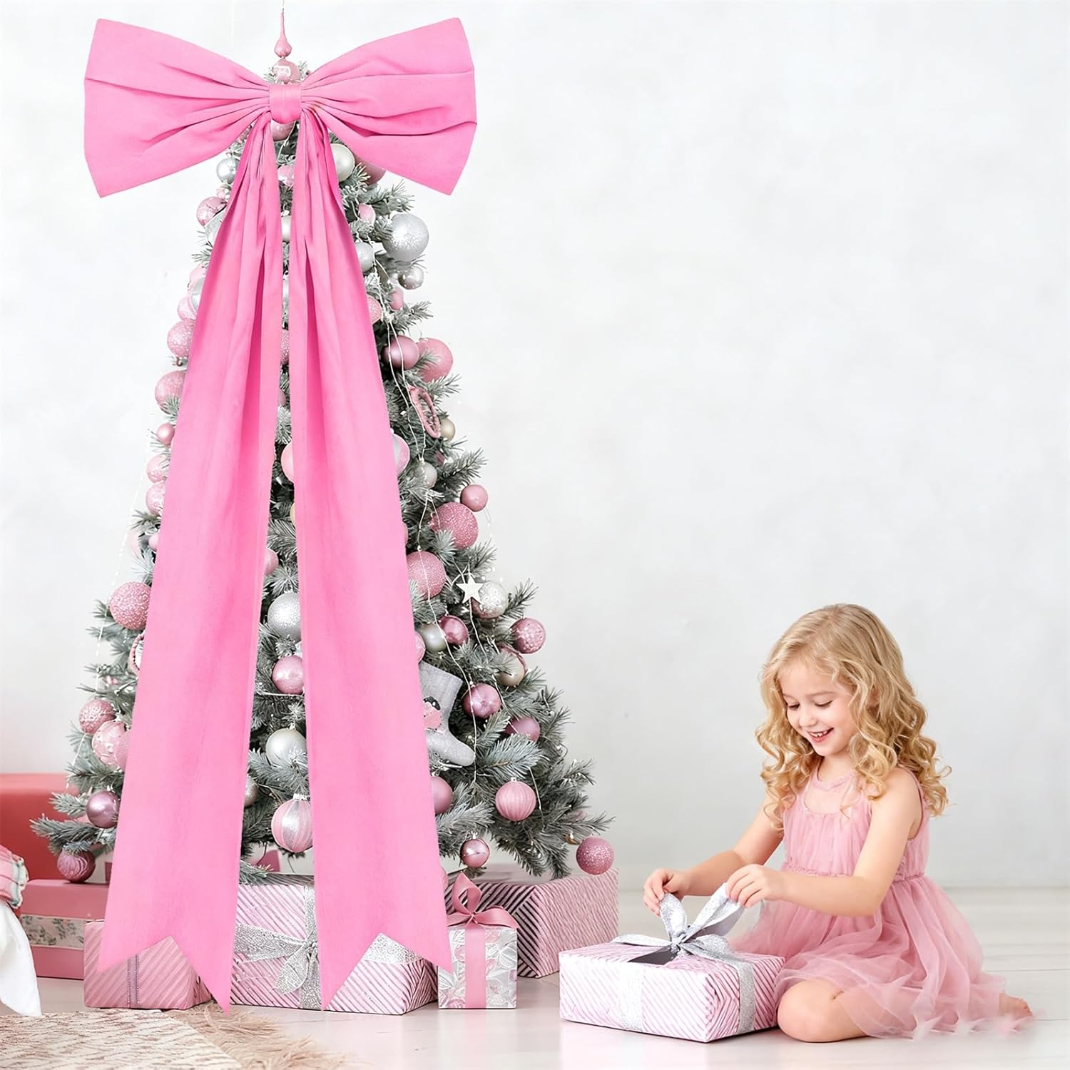 Extra Large Christmas Bows for Tree - 20 x 78 Inches Giant Bows Christmas Tree Topper Decorations Big Velvet Bow for Xmas Tree Wall Backdrop Holiday Party Decor (Pink) - Image 2