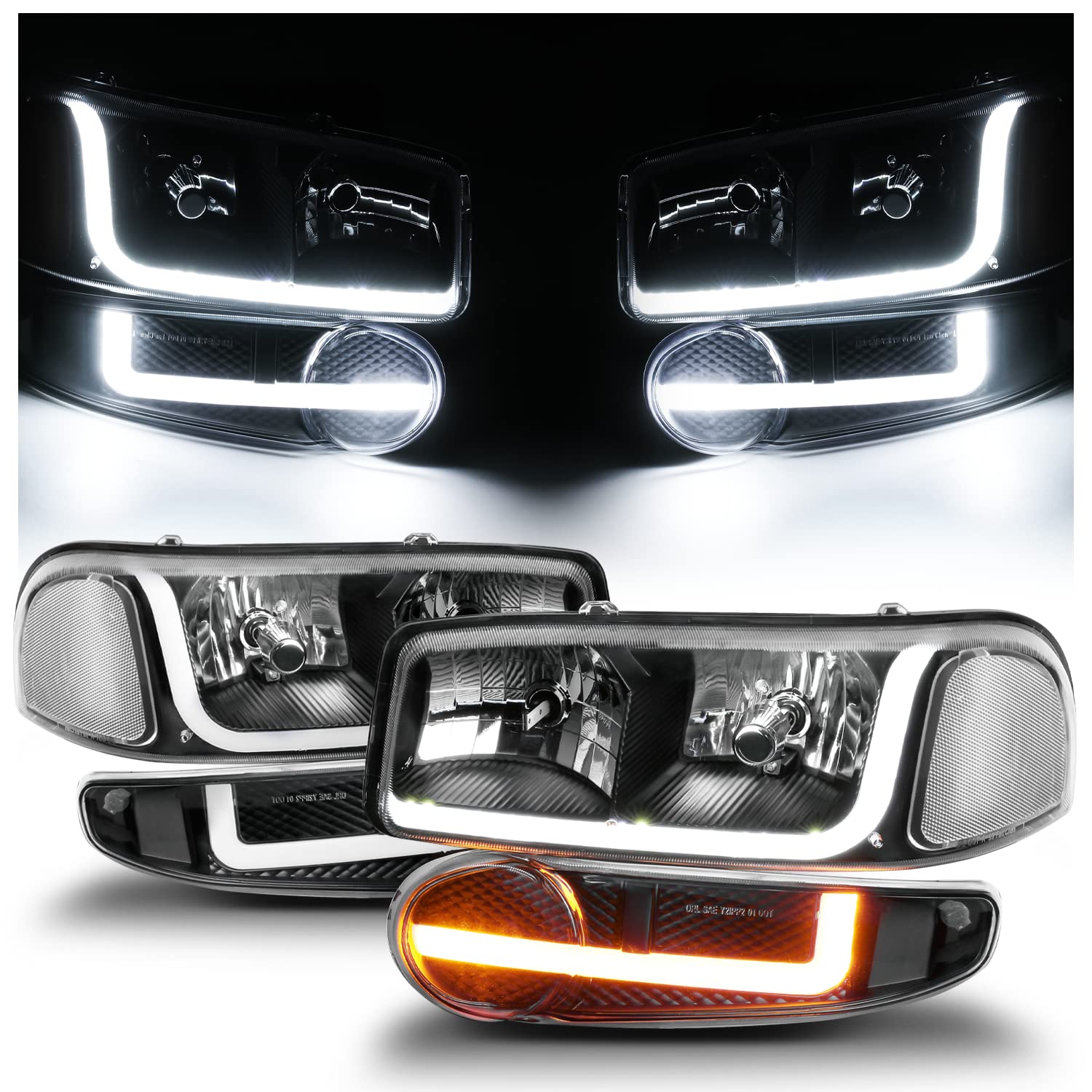 M-AUTO Headlights Assembly w/ 2 Pair PRE-ASSEMBLED 6000K LED BULBS Compatible with 2001 GMC Sierra C3 / 02-06 Sierra 1500 Denali / 01-06 Yukon Denali, Yukon Xl 1500 Denali