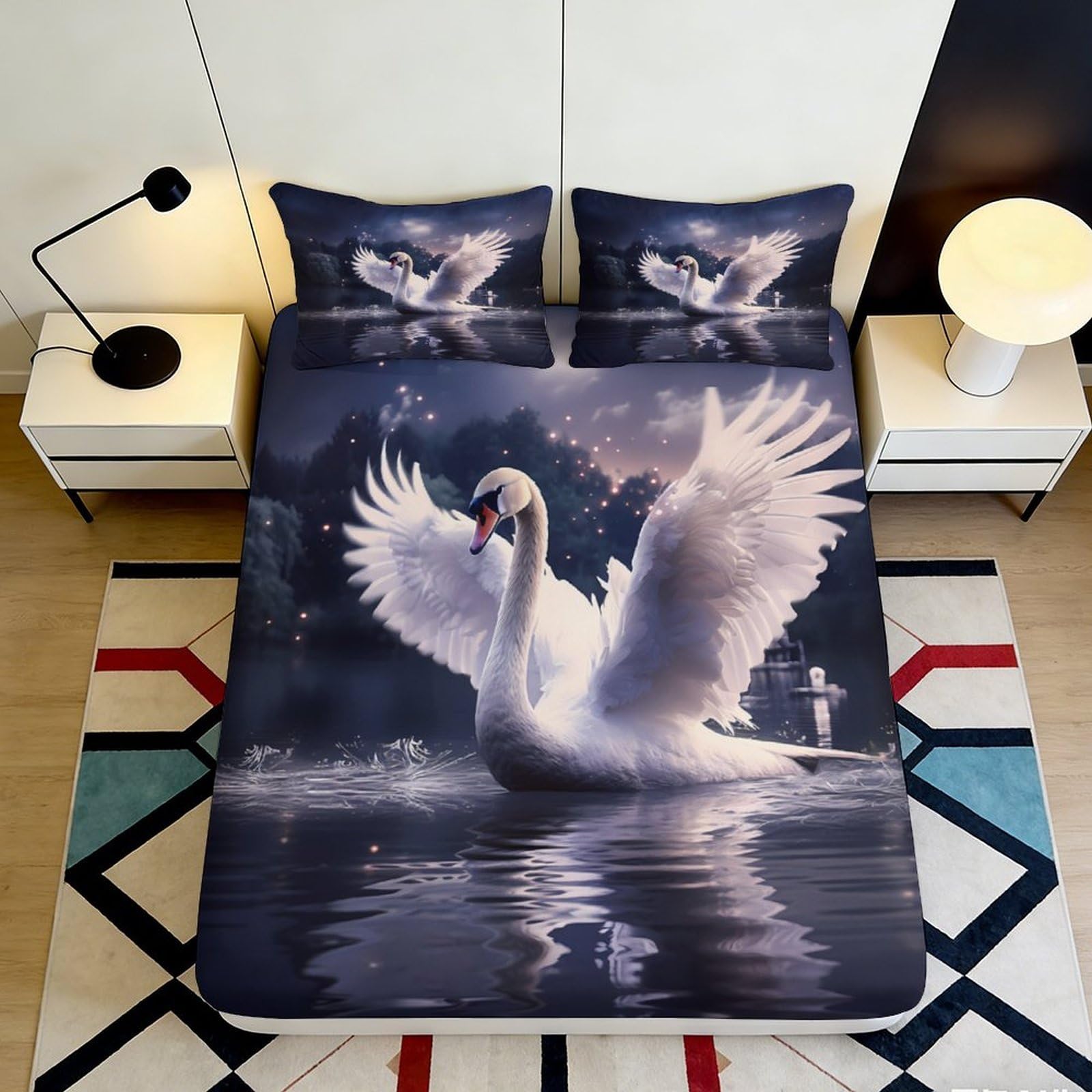 3D Printed Elegant Swan Fitted Sheet Microfiber Soft Waterproof Lake Reflection Mattress Cover Bedroom Decor 90x200x25cm