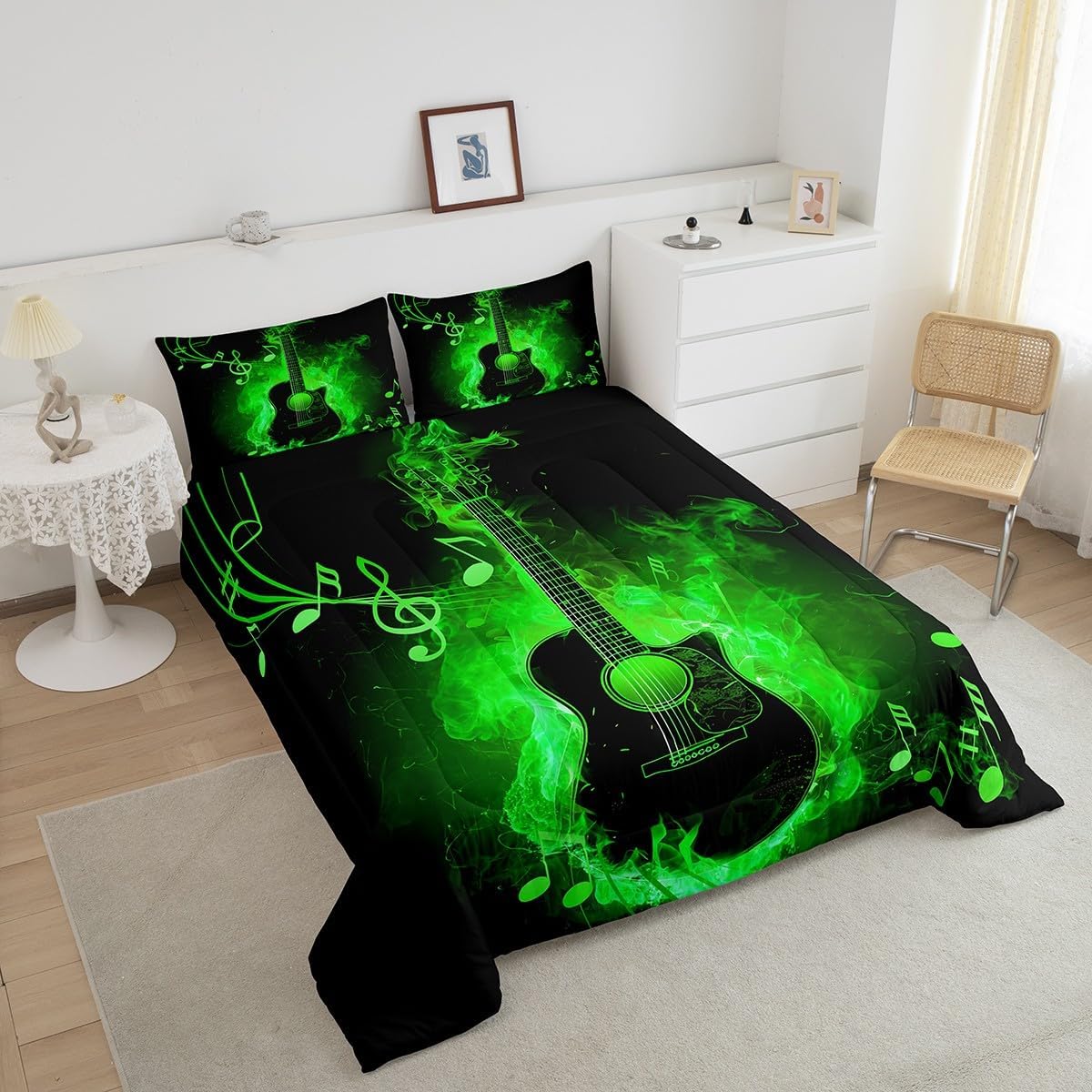 Manfei Electric Guitar Comforter Set Full Size 3 Pcs,Rock Music Theme Guitar Musical Notes Bedding Set,Neon Green Glowing Modern Artistic Quilt Set for Teens Bedroom,Green Black,2 Pillowcases image 3