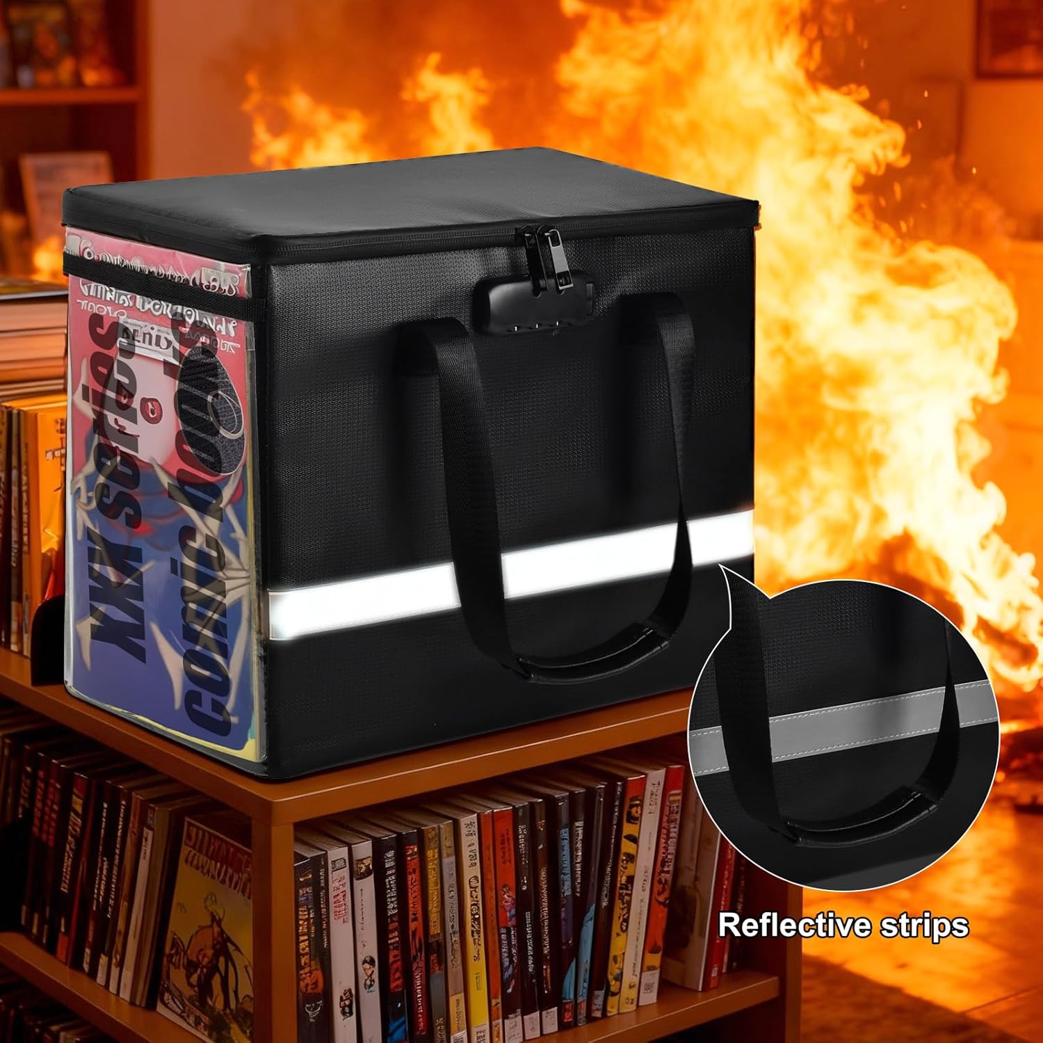 Fireproof Comic Book Storage Box - Holds 140+ Comics, Organizer Kit with 50 Protective Bags, Label Stickers and Catalog, Comic Book Bin with Adjustable Divider, Lock & Reflective Strips (Case Only)